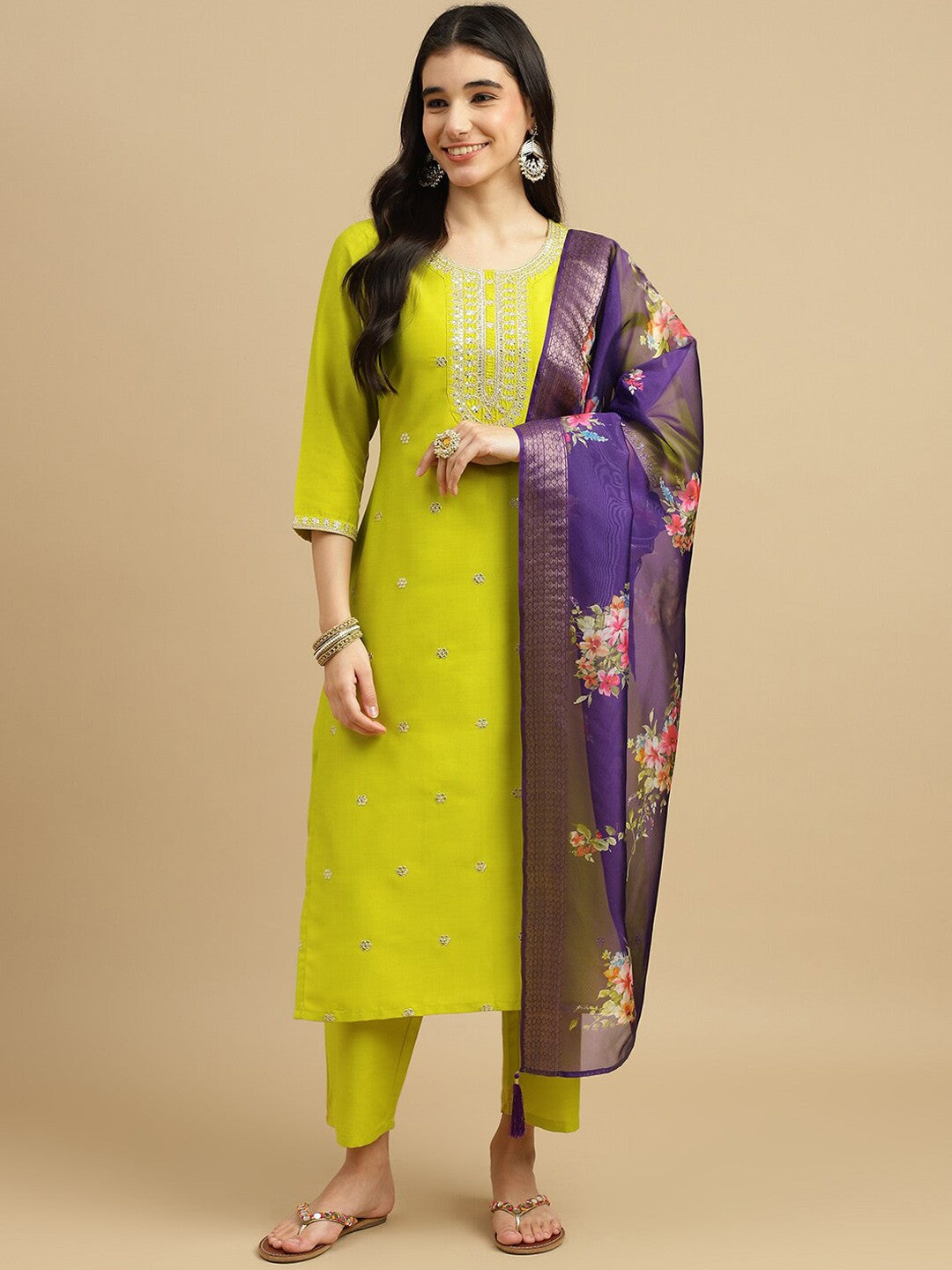 Women's Round Neck Embroidered Work Chinon Fabric Kurta & Pant With Dupatta Set - Taantav