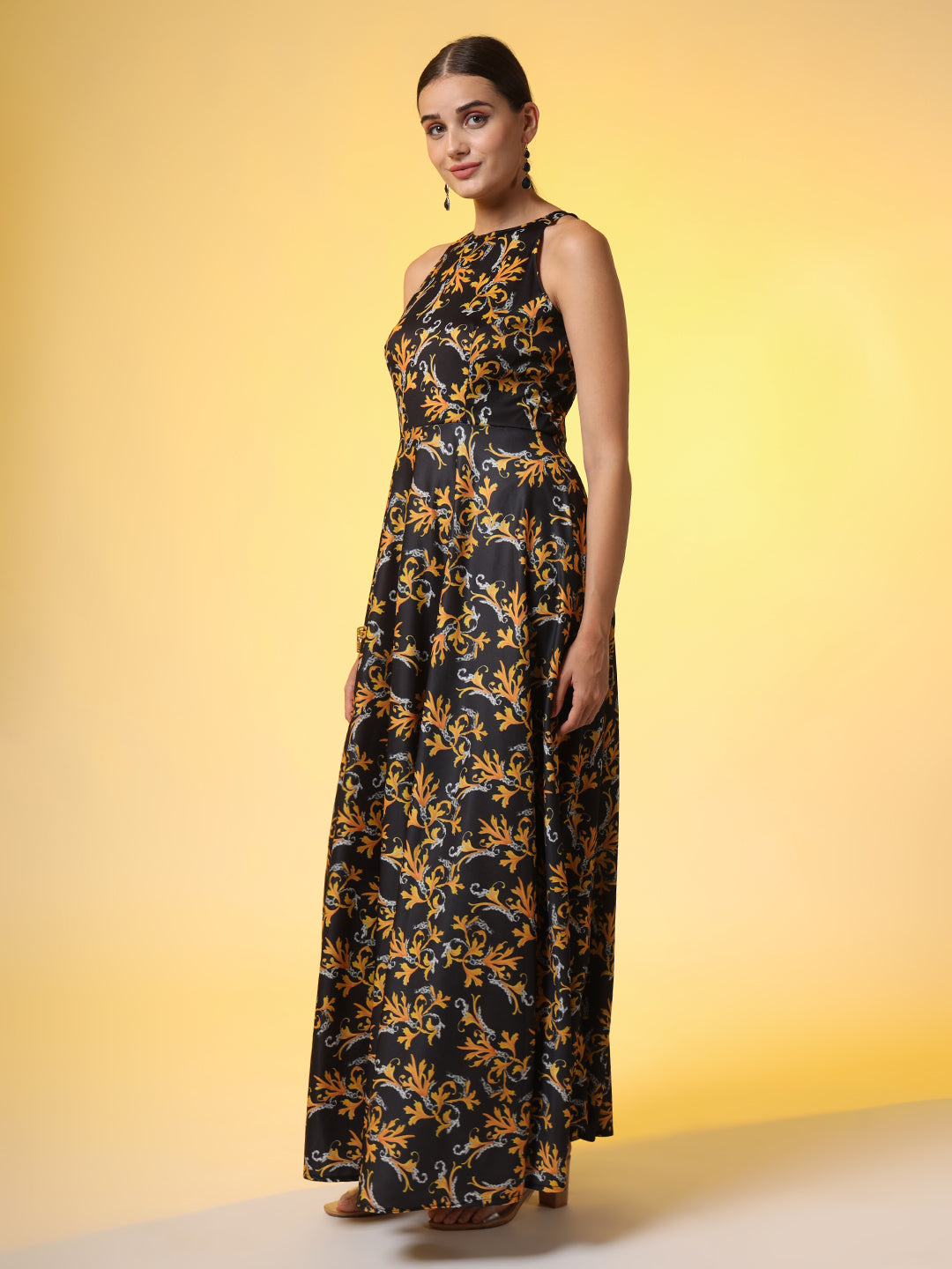 Women's Black With Orange Flower Print Dress