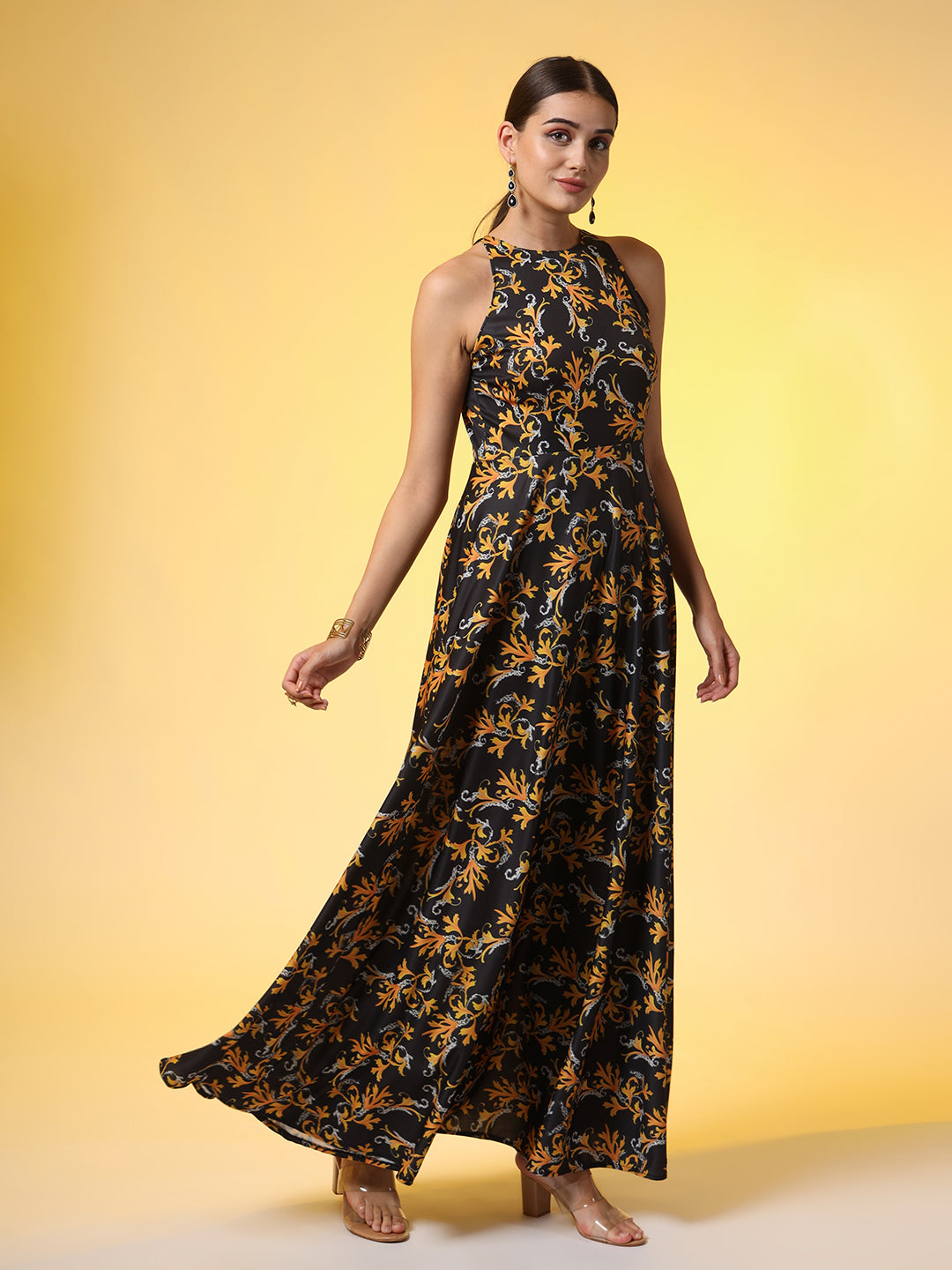 Women's Black With Orange Flower Print Dress