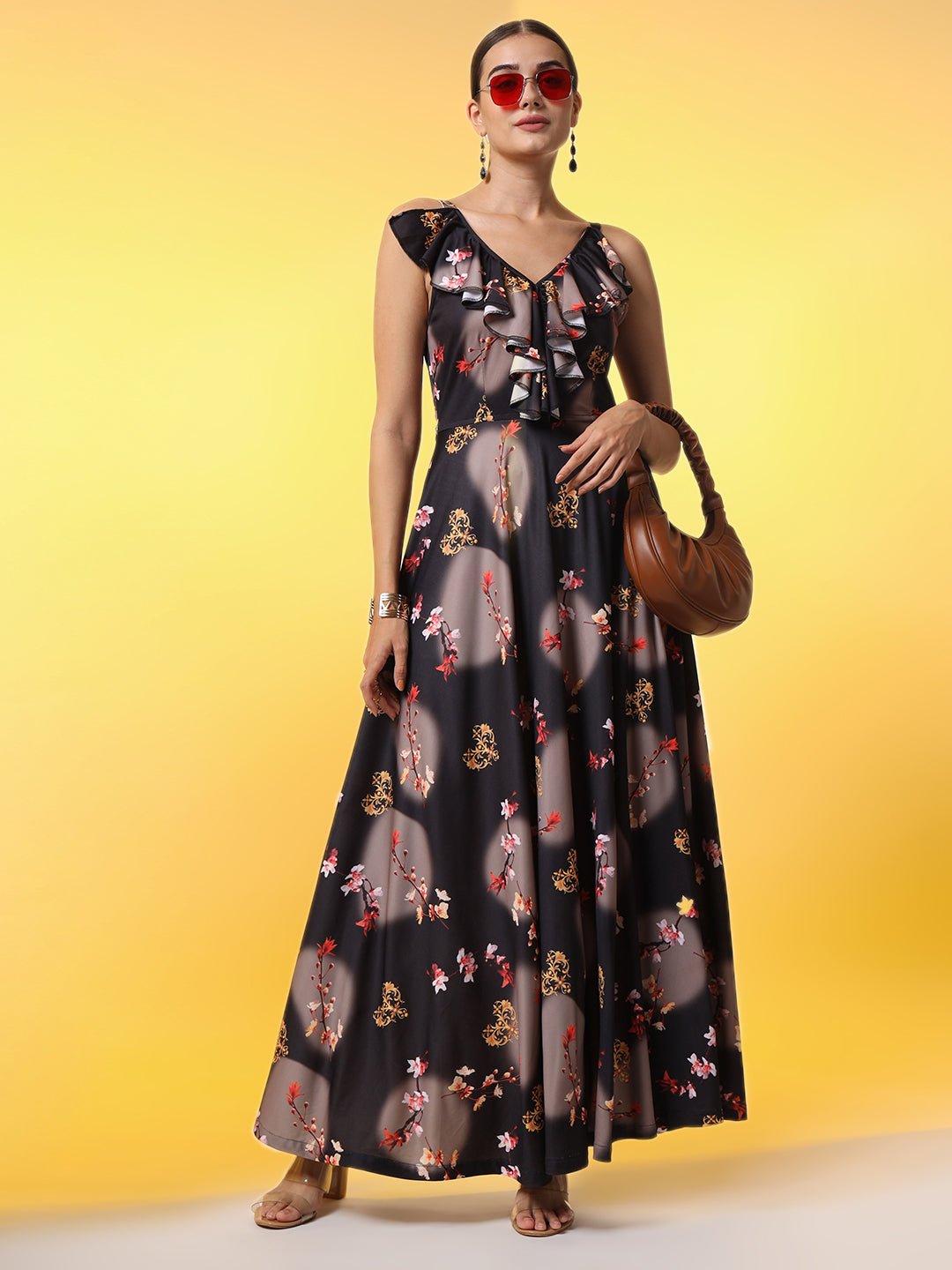 Women's Black With Dual Shade Flower Print Western Wear Dress