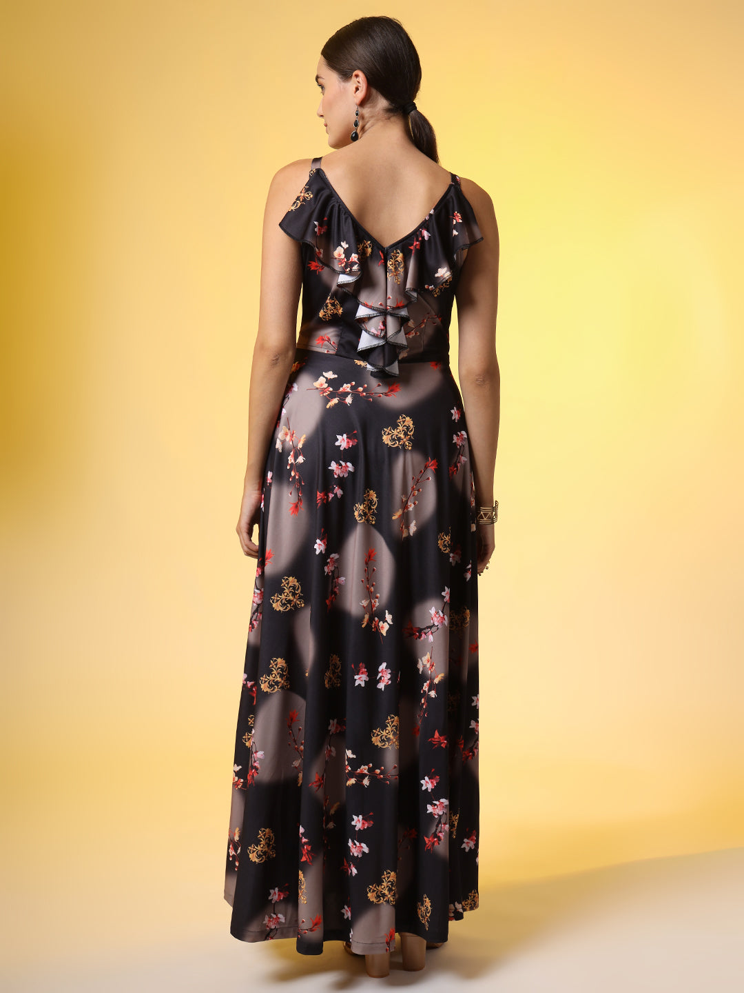 Women's Black With Dual Shade Flower Print Western Wear Dress
