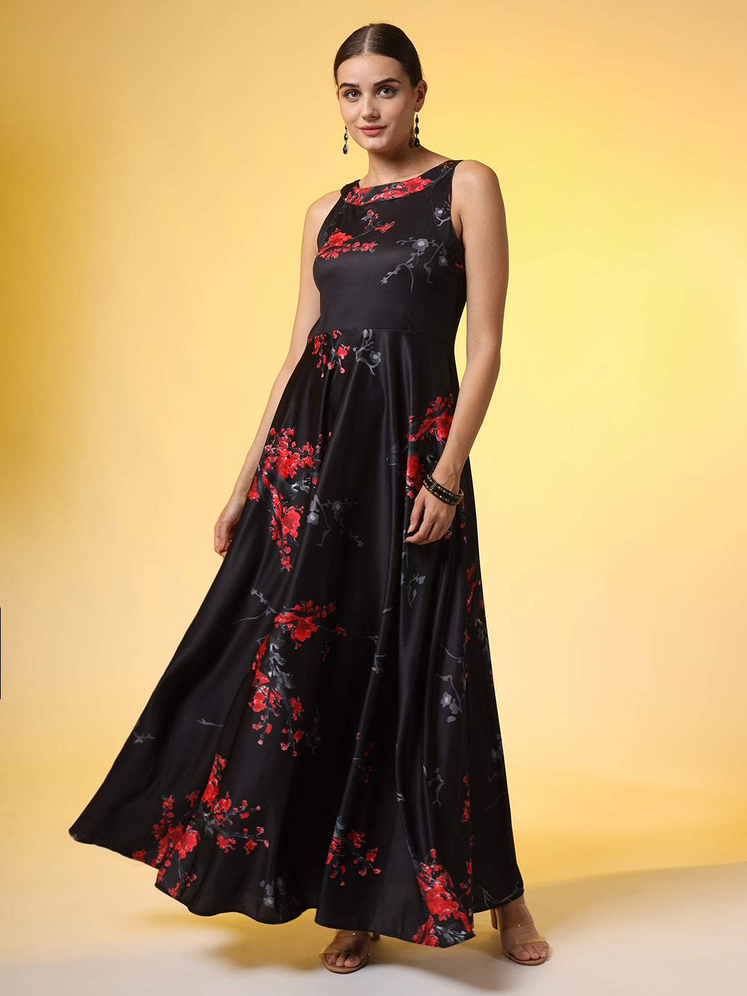 Women's Black With Red Flower Print Dress