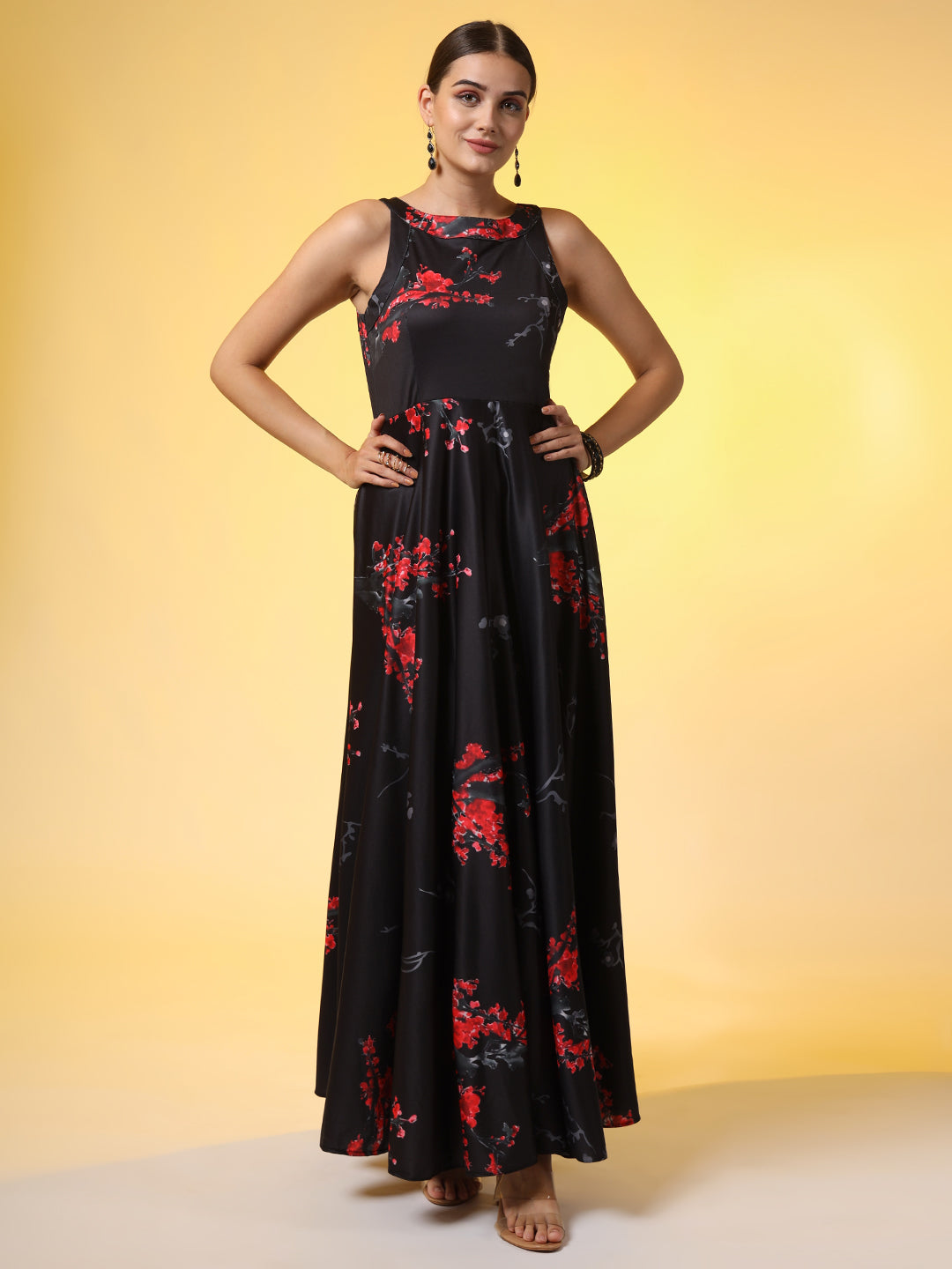 Women's Black With Red Flower Print Dress