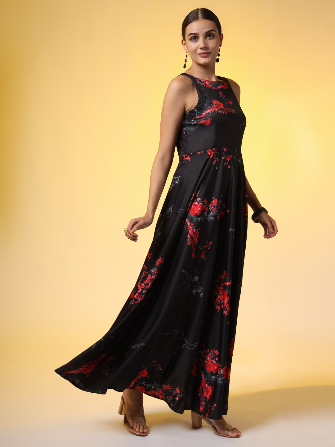 Women's Black With Red Flower Print Dress