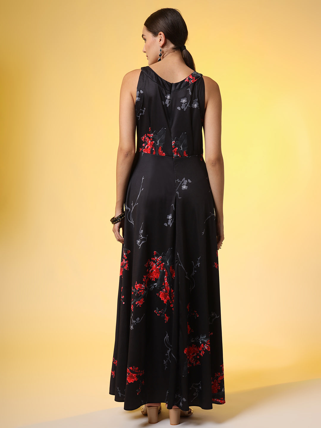 Women's Black With Red Flower Print Dress