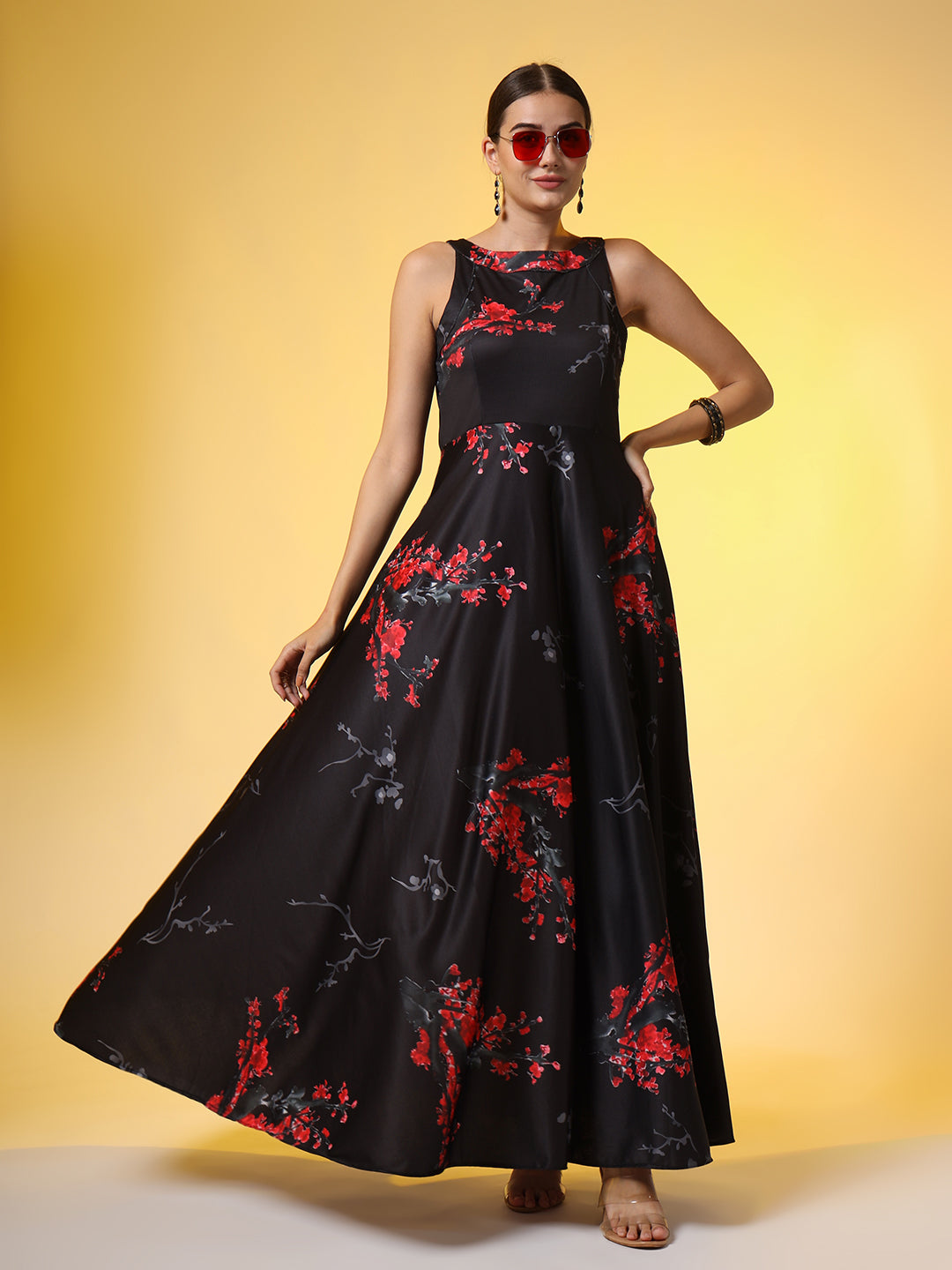 Women's Black With Red Flower Print Dress