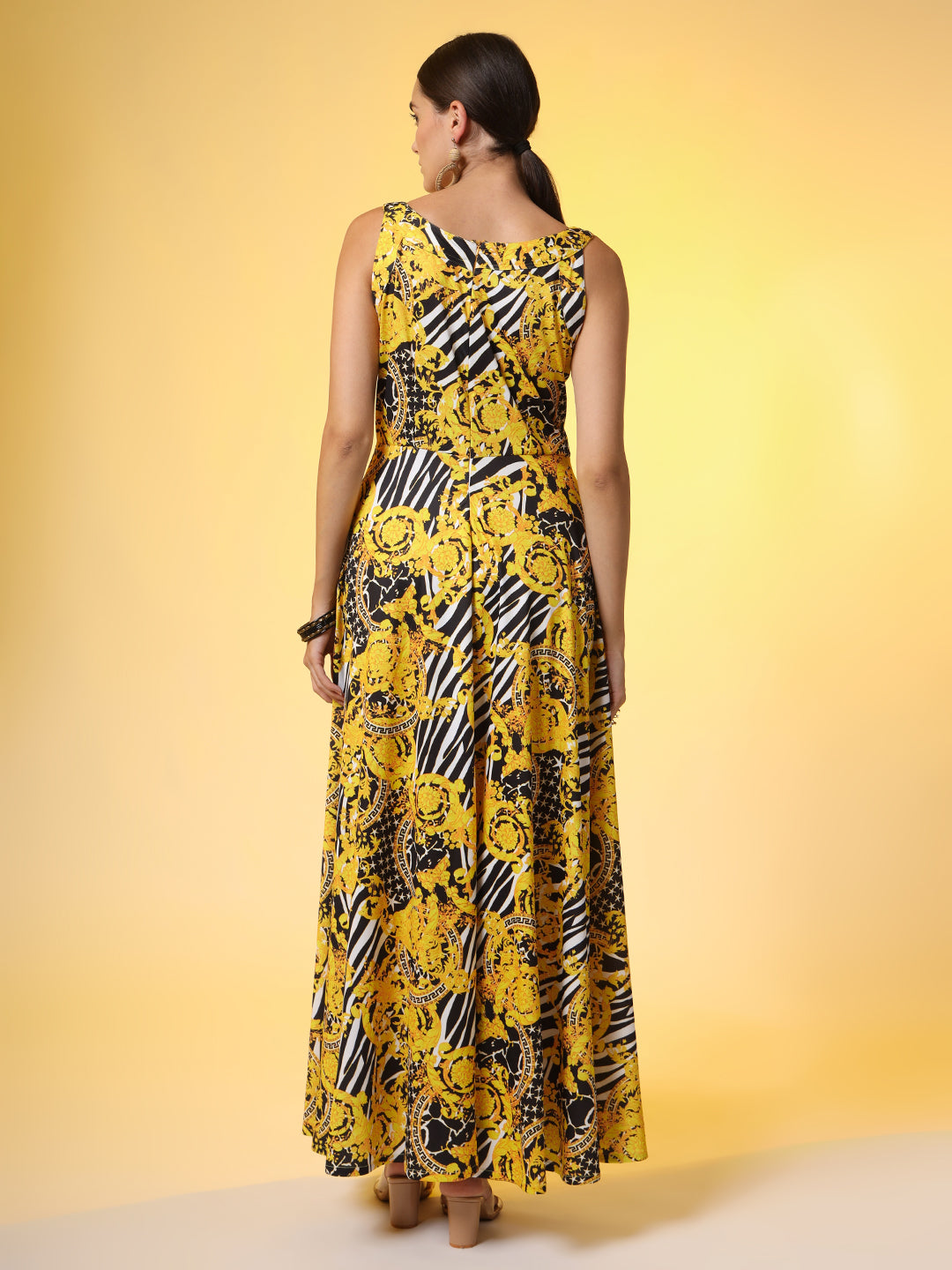 Women's Yellow And Black Printed Dress