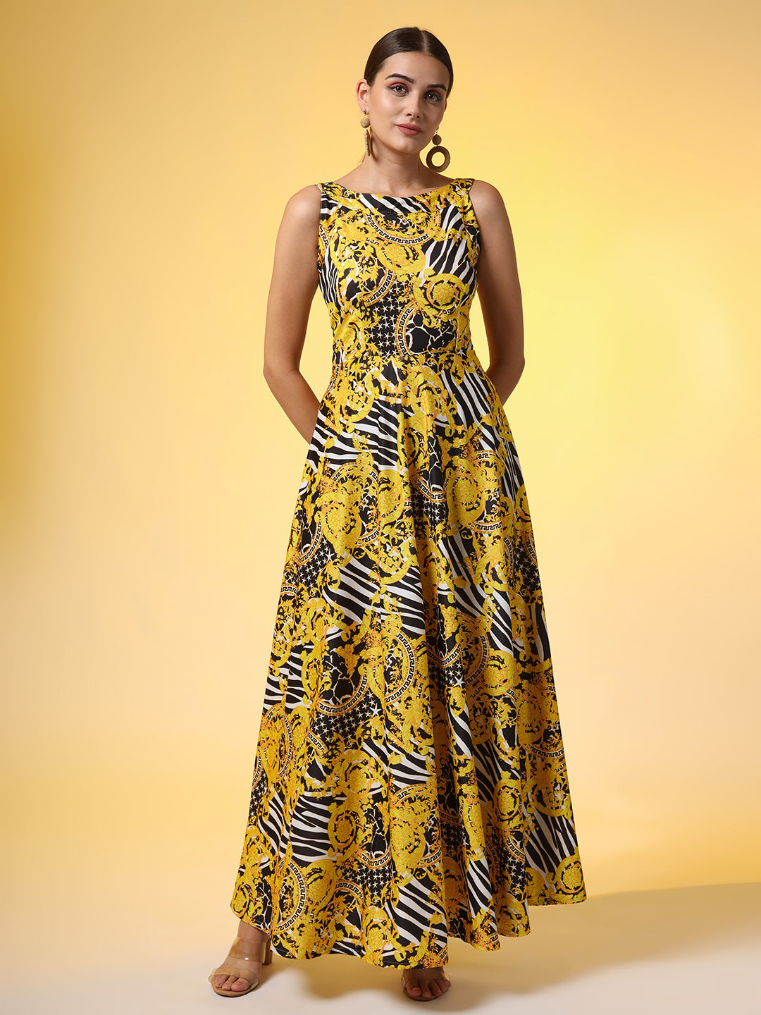 Women's Yellow And Black Printed Dress