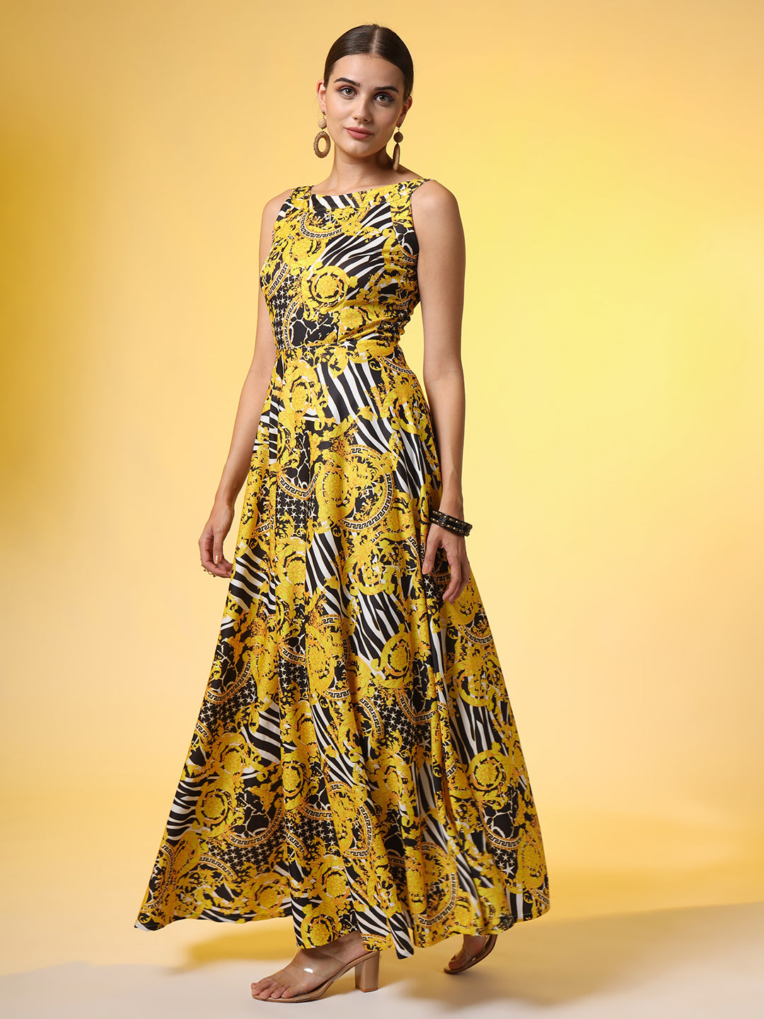 Women's Yellow And Black Printed Dress