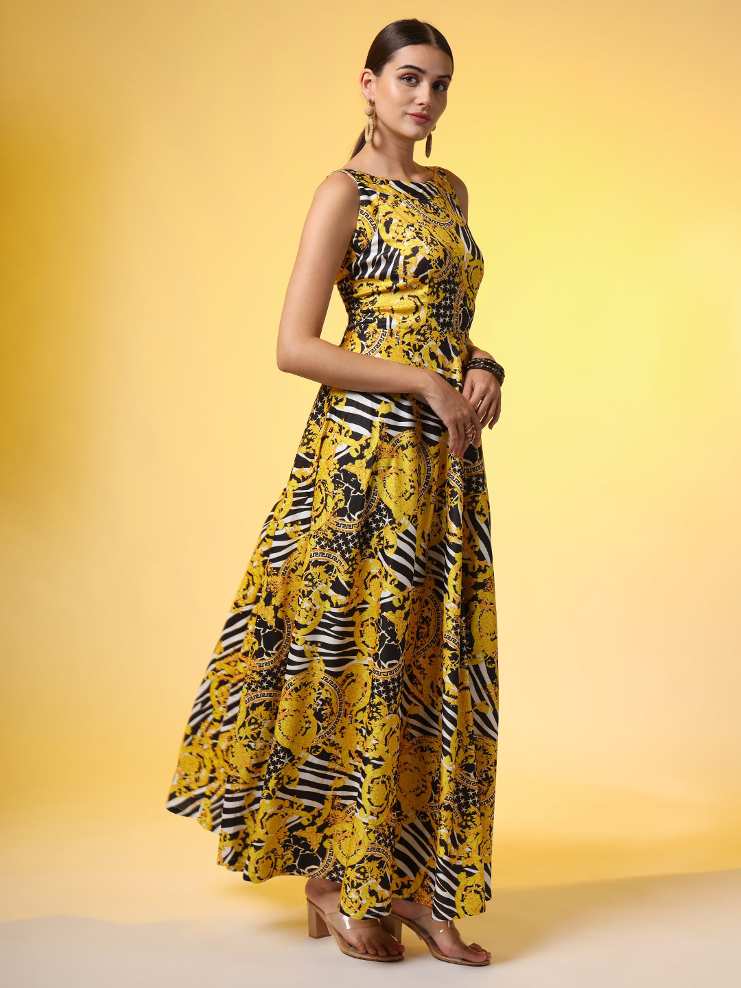 Women's Yellow And Black Printed Dress