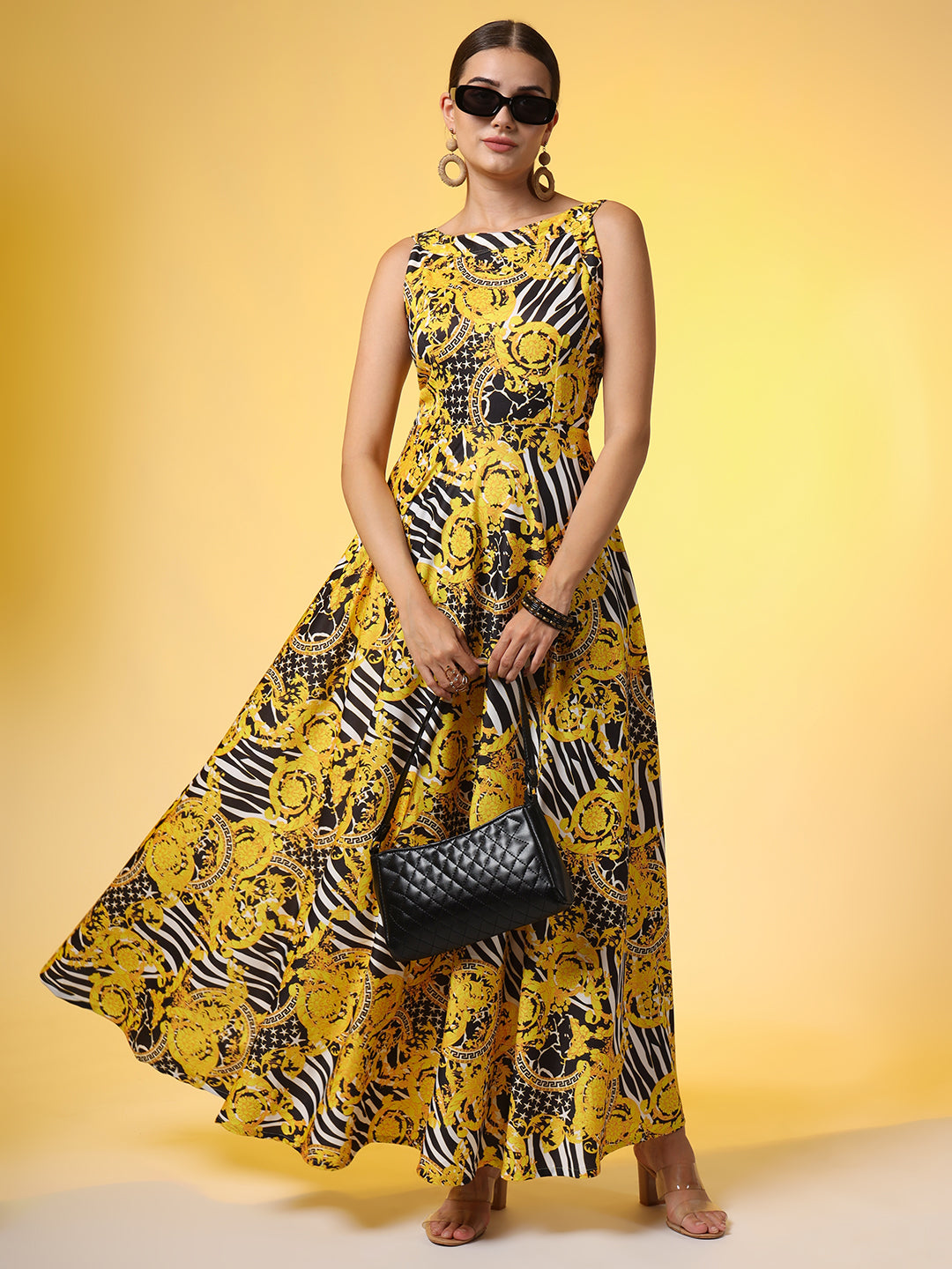 Women's Yellow And Black Printed Dress