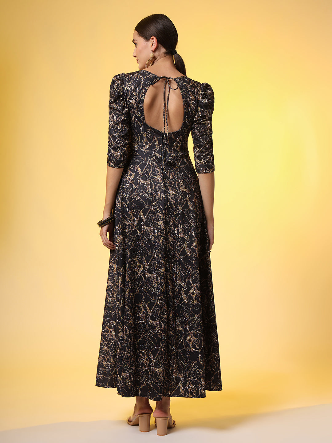 Women's Western Wear Dress Black Printed Dress With Puff Sleeve