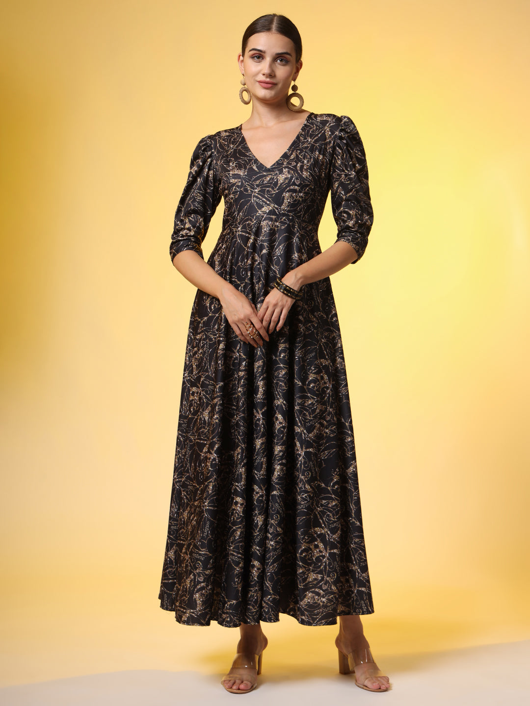 Women's Western Wear Dress Black Printed Dress With Puff Sleeve