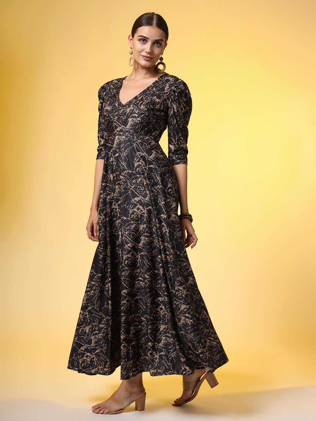 Women's Western Wear Dress Black Printed Dress With Puff Sleeve