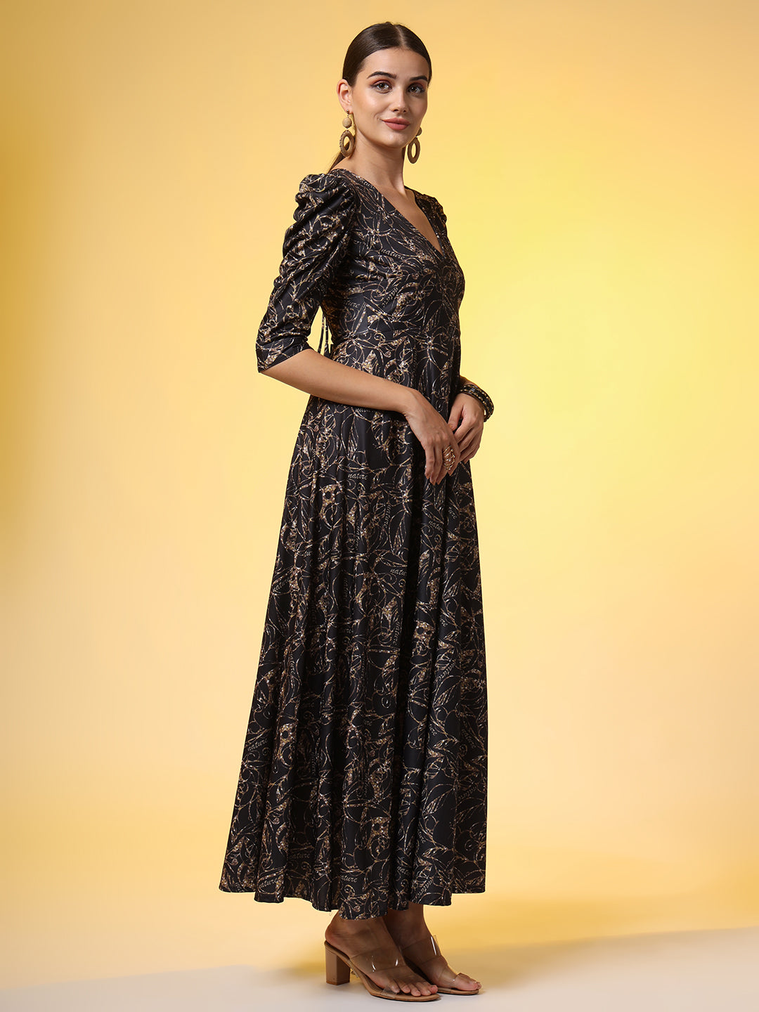 Women's Western Wear Dress Black Printed Dress With Puff Sleeve