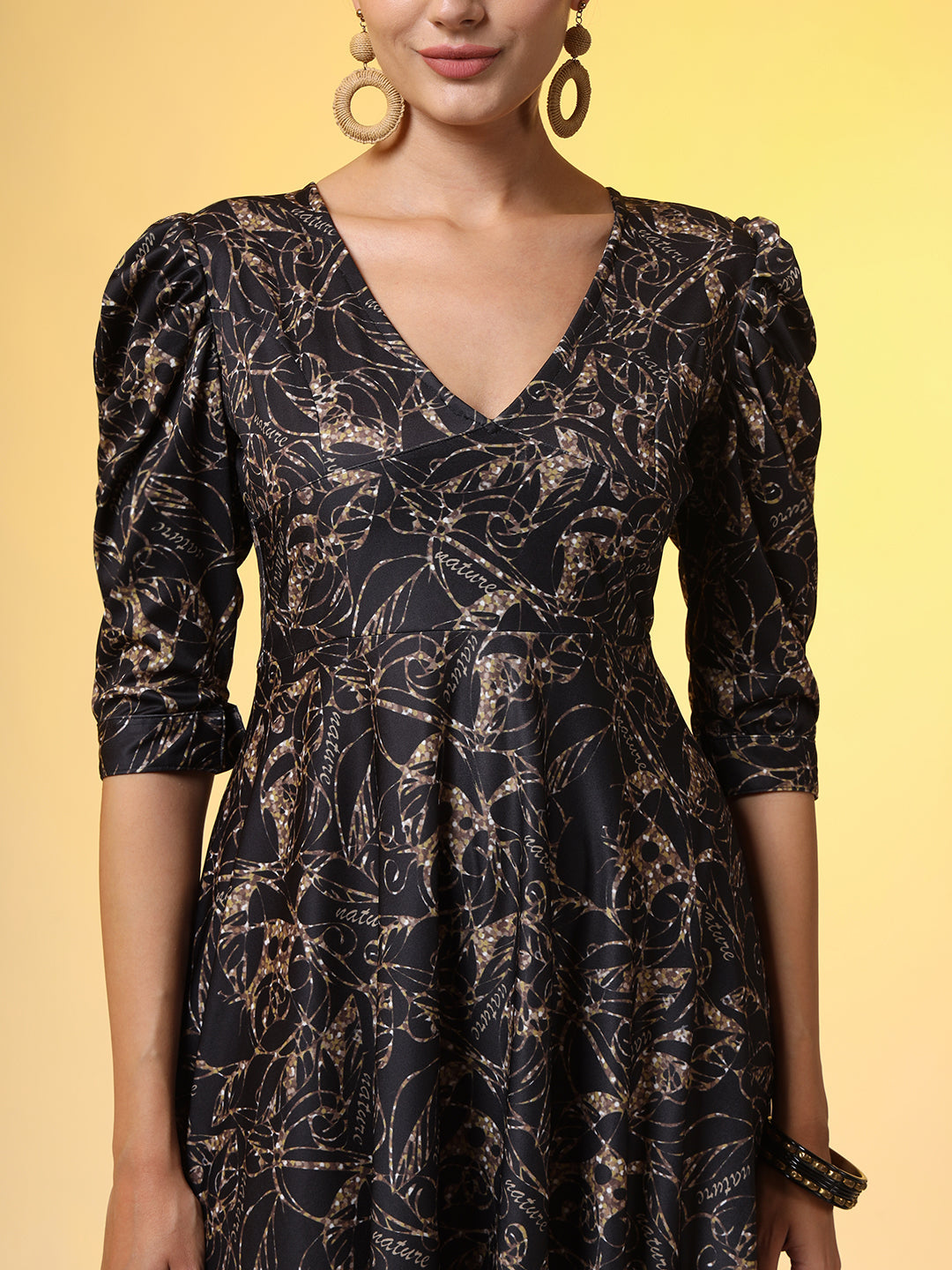 Women's Western Wear Dress Black Printed Dress With Puff Sleeve