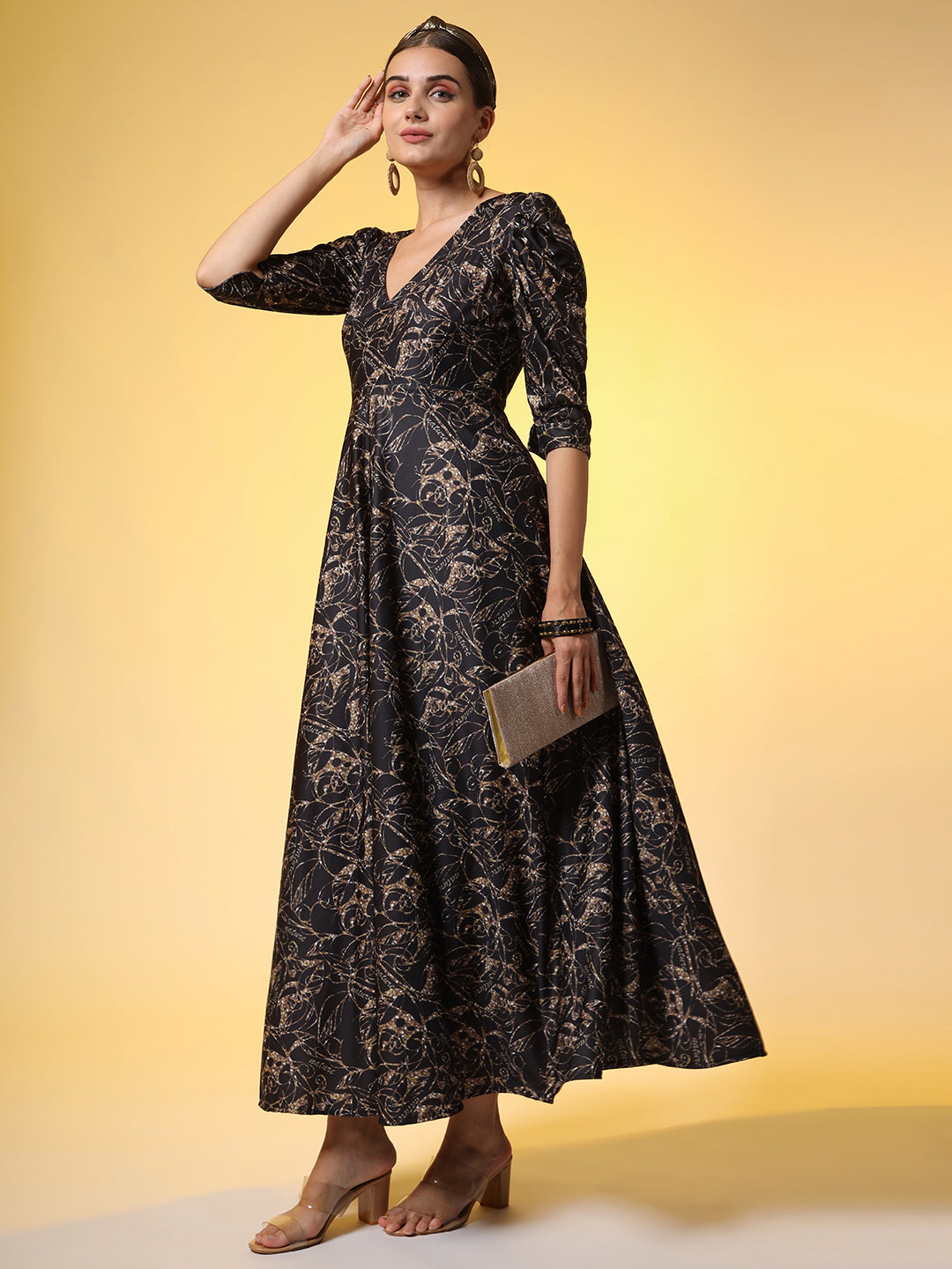 Women's Western Wear Dress Black Printed Dress With Puff Sleeve