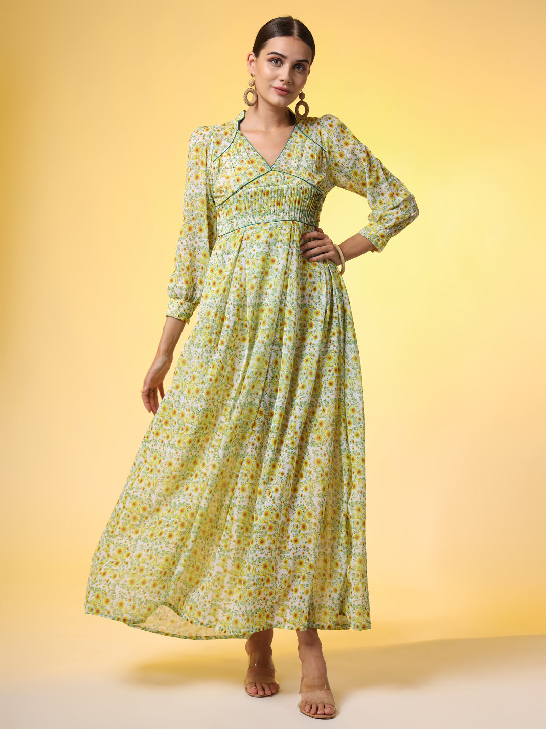 Women's Double Georgette Light Green With Yellow Flower Motif