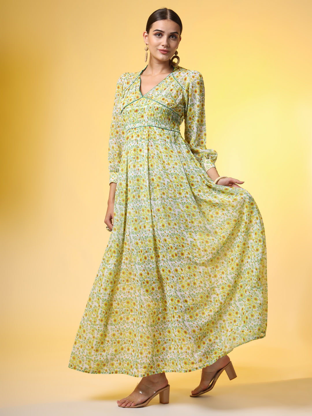 Women's Double Georgette Light Green With Yellow Flower Motif