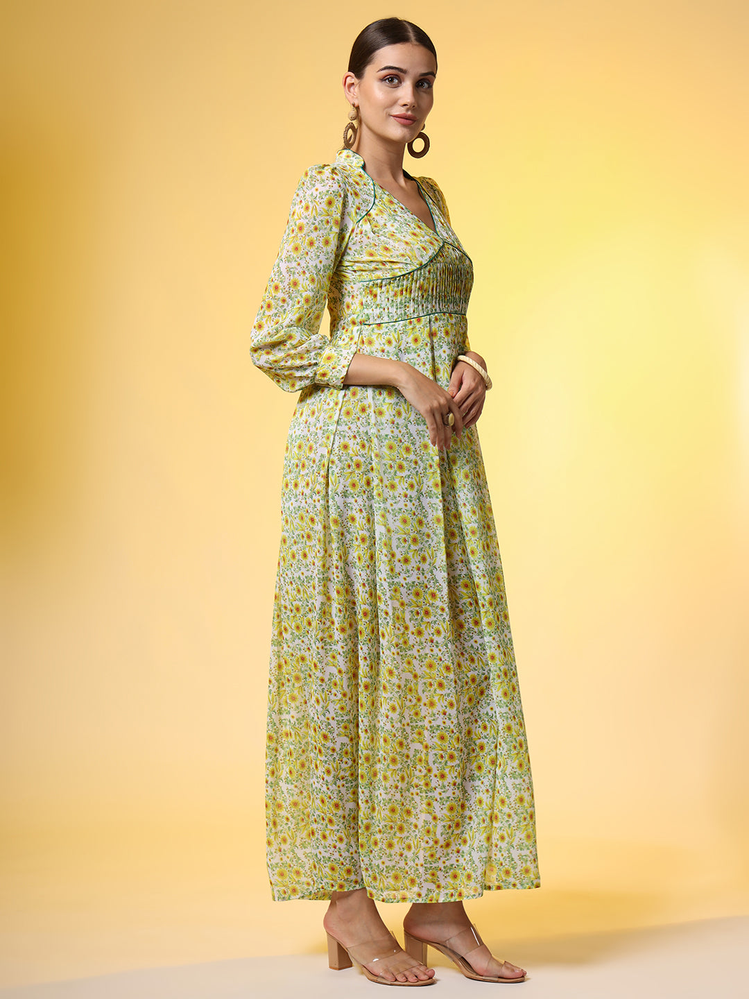 Women's Double Georgette Light Green With Yellow Flower Motif