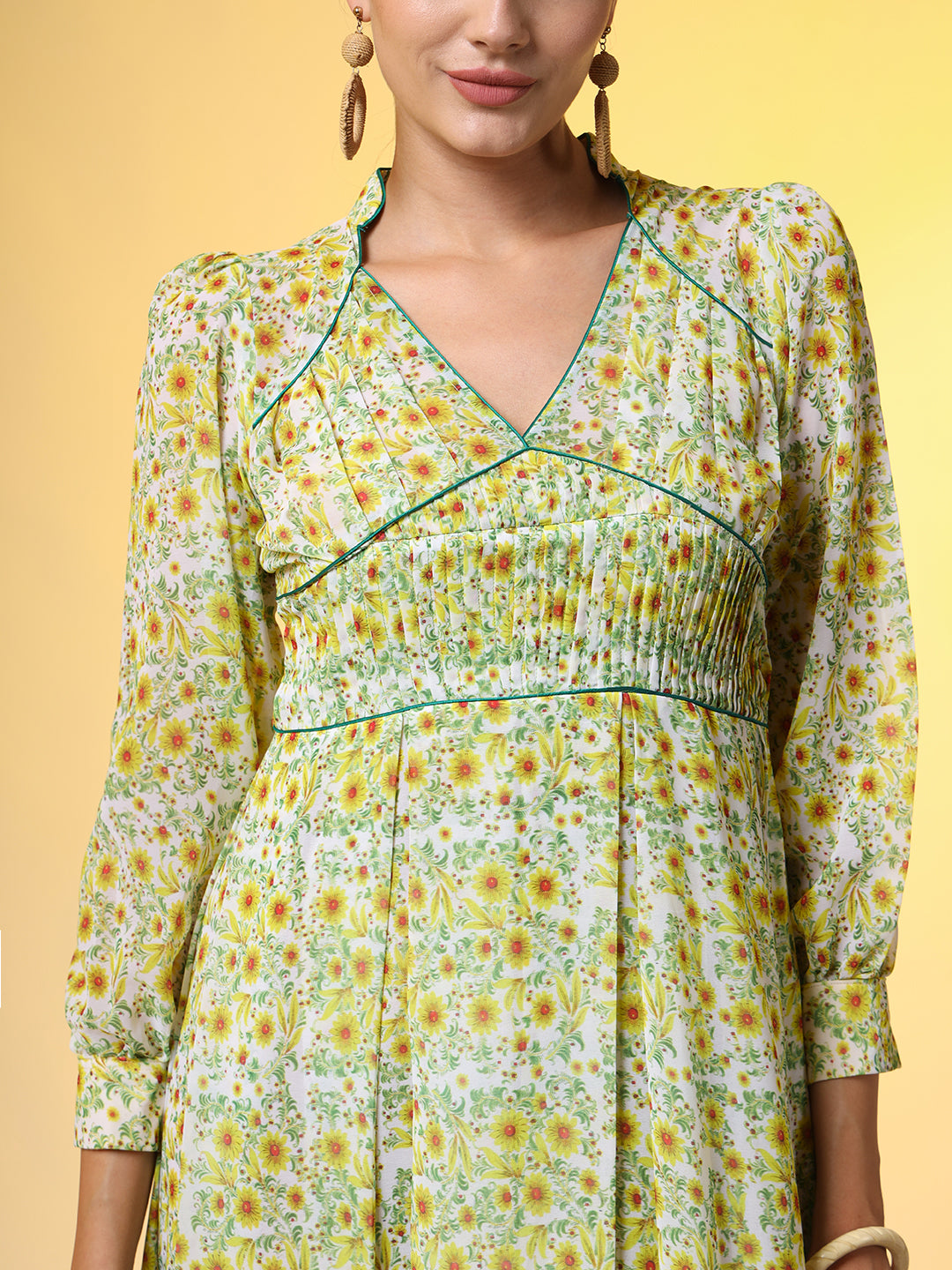Women's Double Georgette Light Green With Yellow Flower Motif