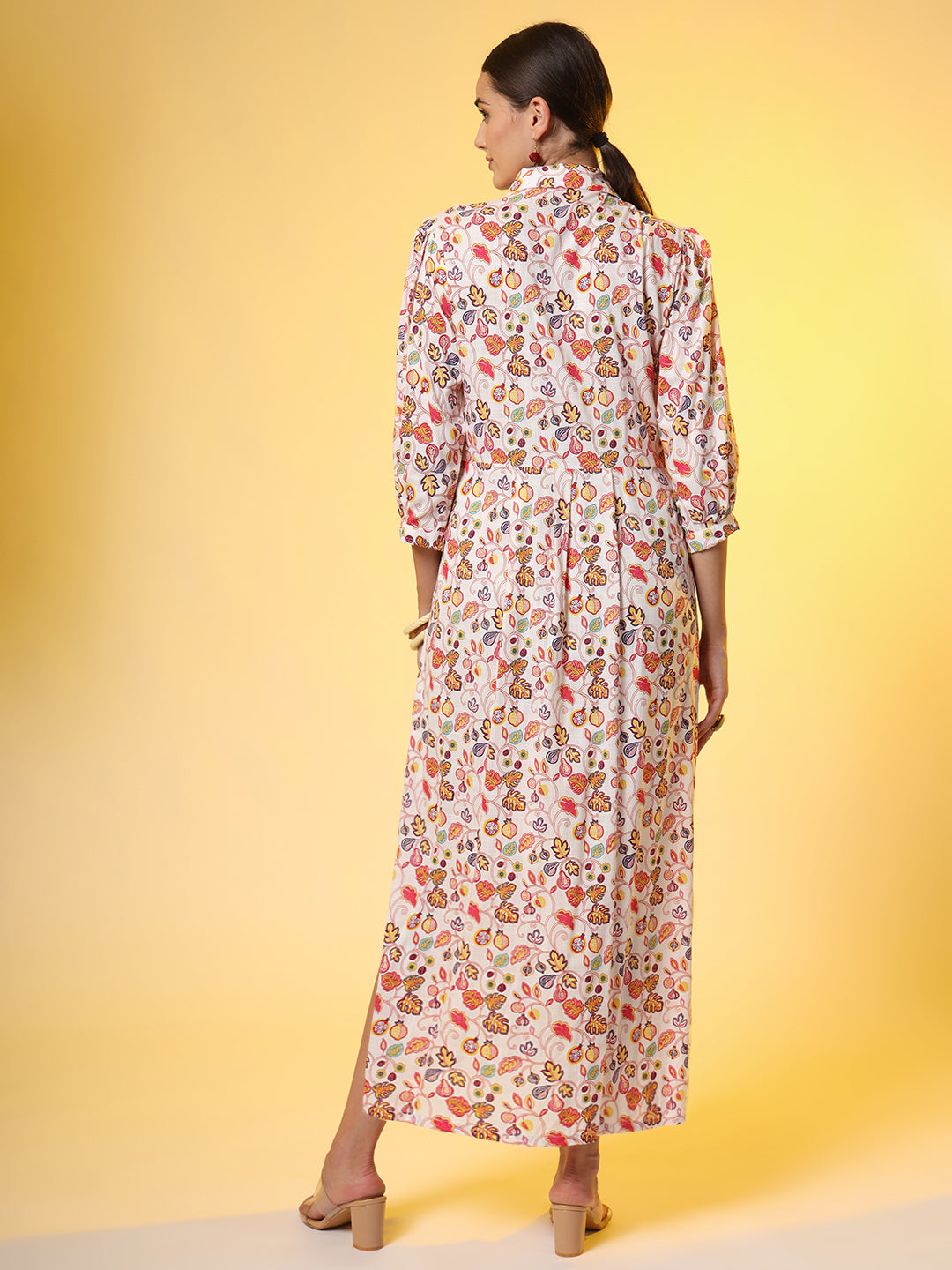 Women's Rayon Slub Cotton Cream Color Red Flower Motif Dress