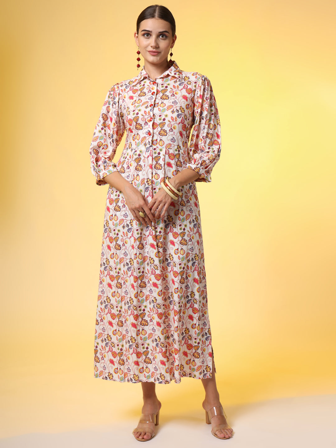 Women's Rayon Slub Cotton Cream Color Red Flower Motif Dress
