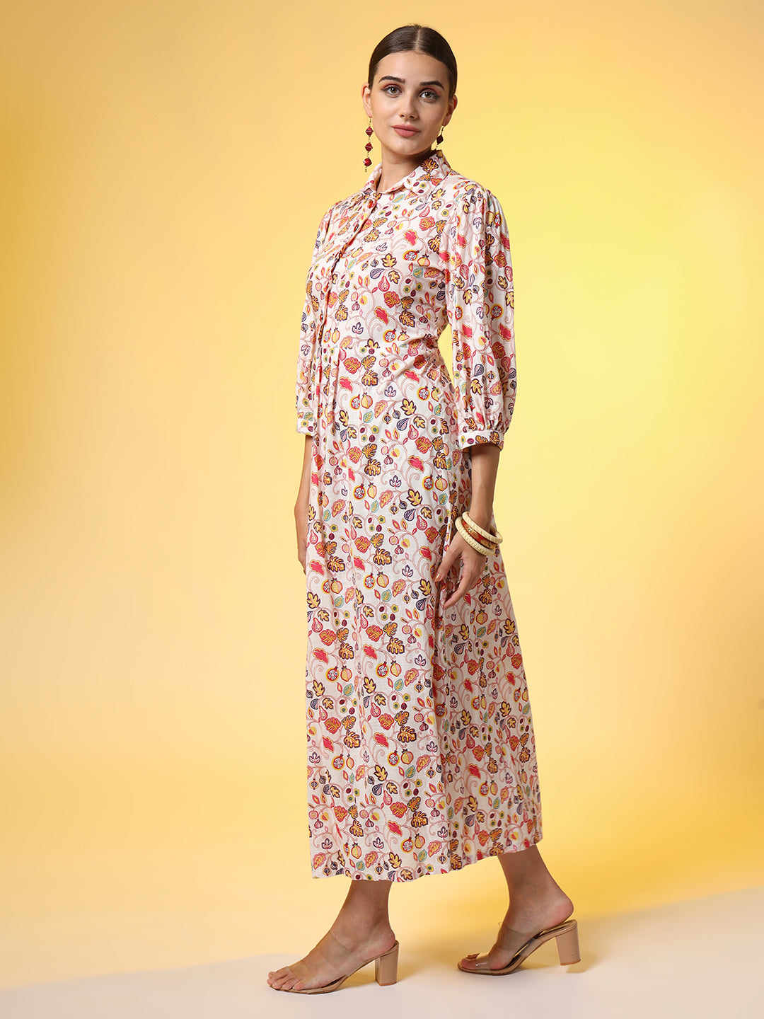 Women's Rayon Slub Cotton Cream Color Red Flower Motif Dress