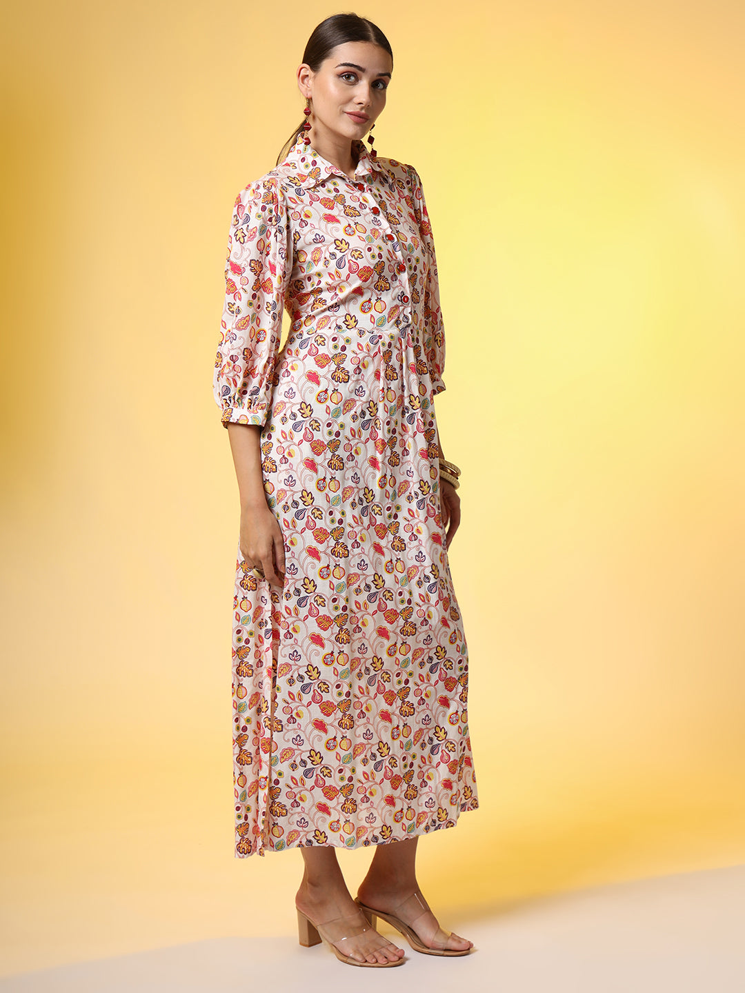Women's Rayon Slub Cotton Cream Color Red Flower Motif Dress