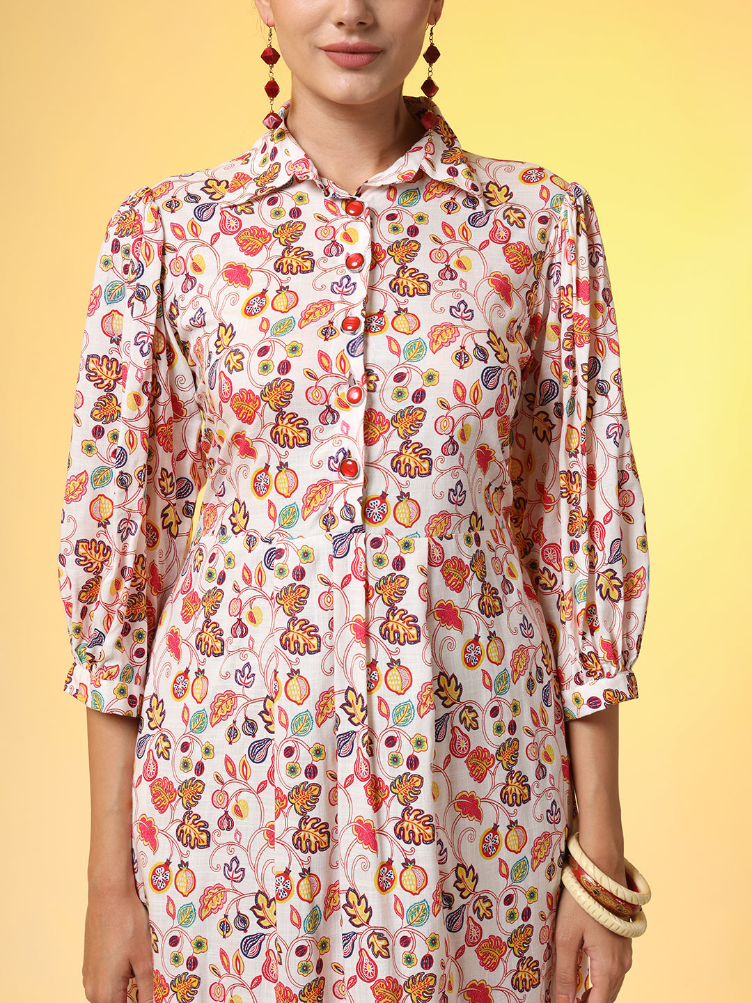 Women's Rayon Slub Cotton Cream Color Red Flower Motif Dress