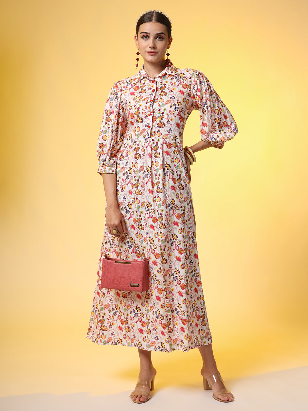 Women's Rayon Slub Cotton Cream Color Red Flower Motif Dress