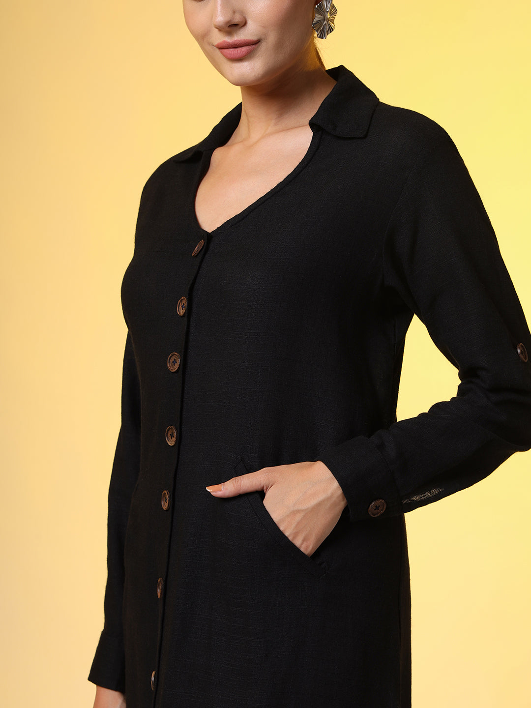 Women's Khadi Black Color Knee Length Dress