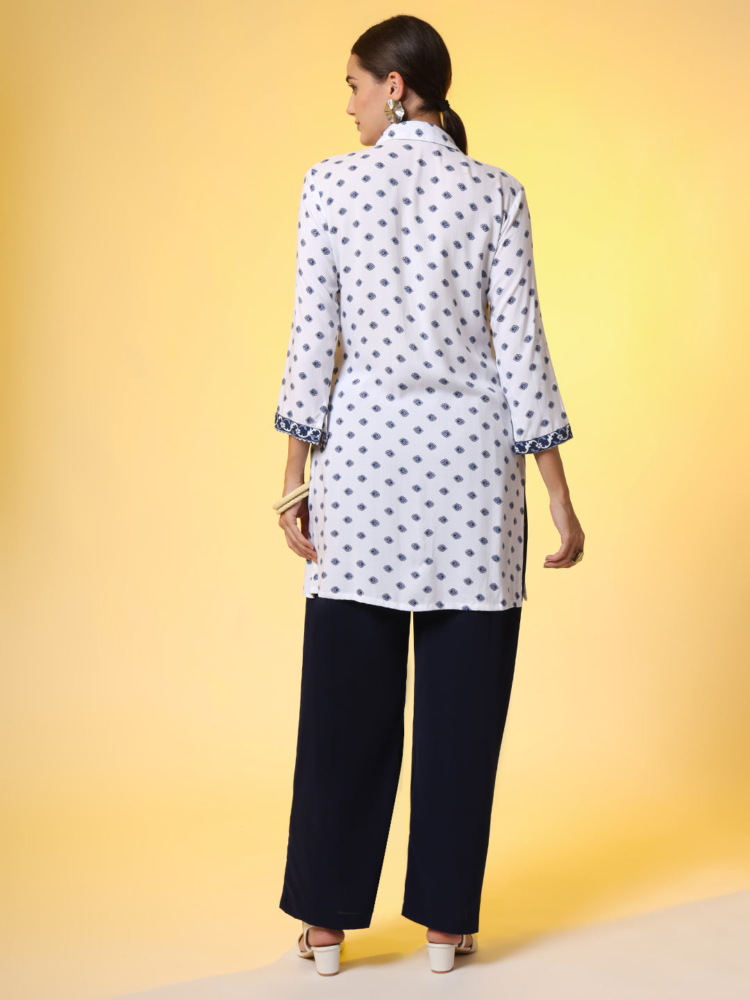 Women's White Printed Blue Motif Shirt