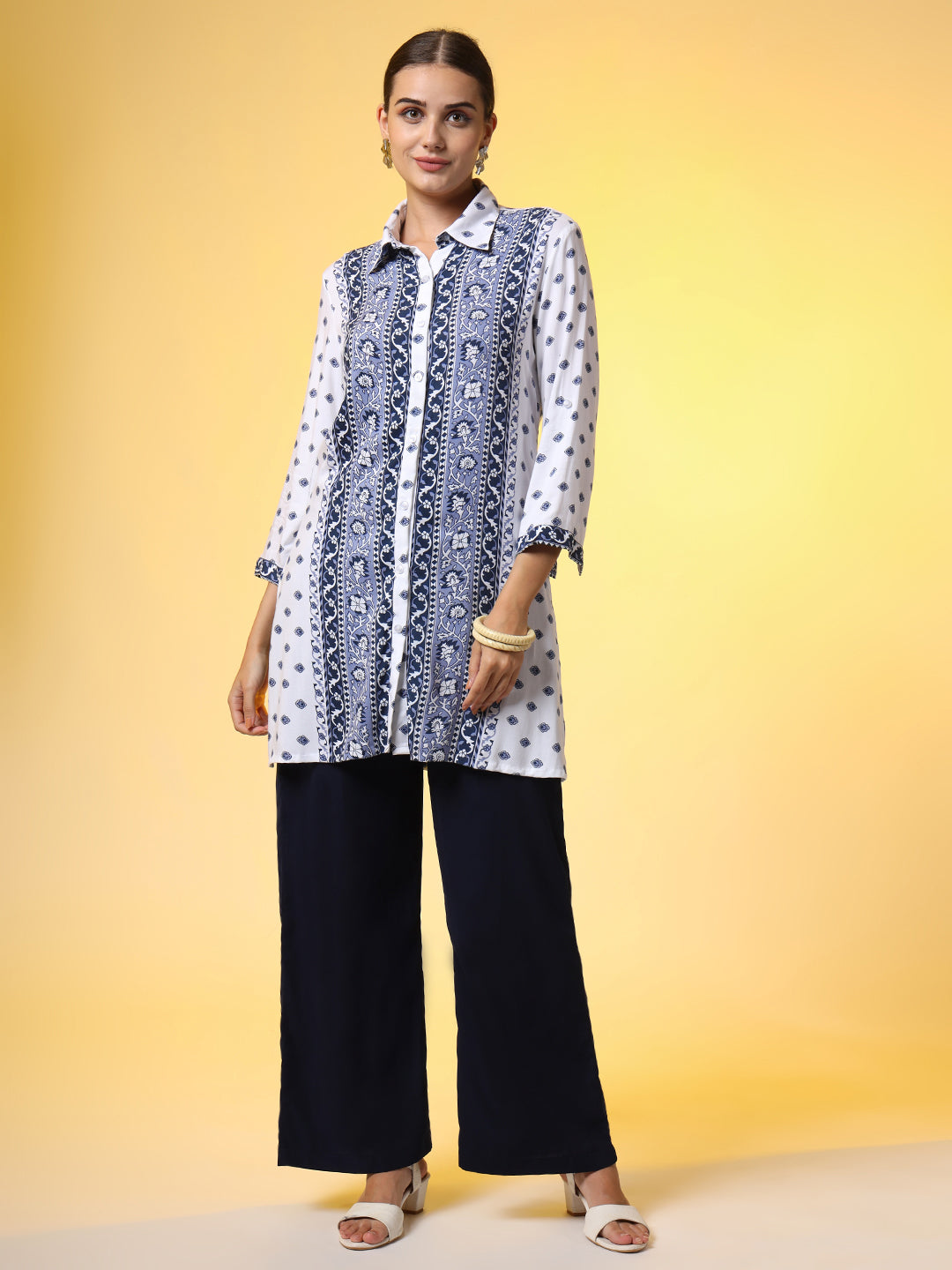 Women's White Printed Blue Motif Shirt