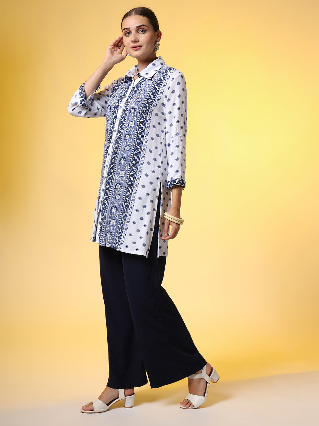 Women's White Printed Blue Motif Shirt