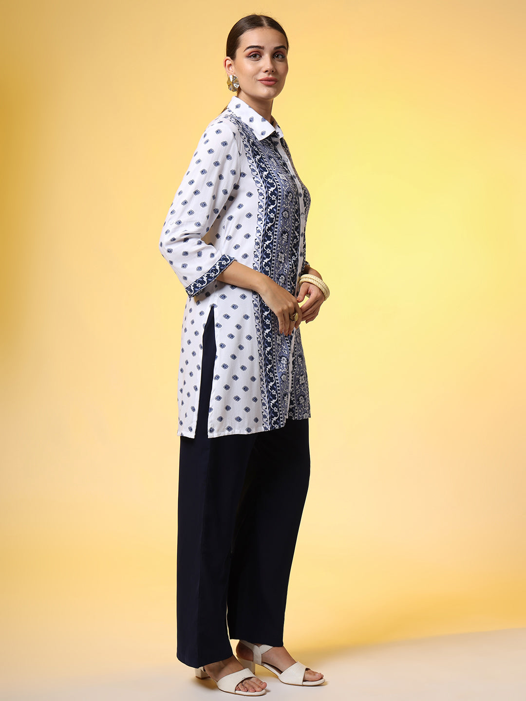 Women's White Printed Blue Motif Shirt