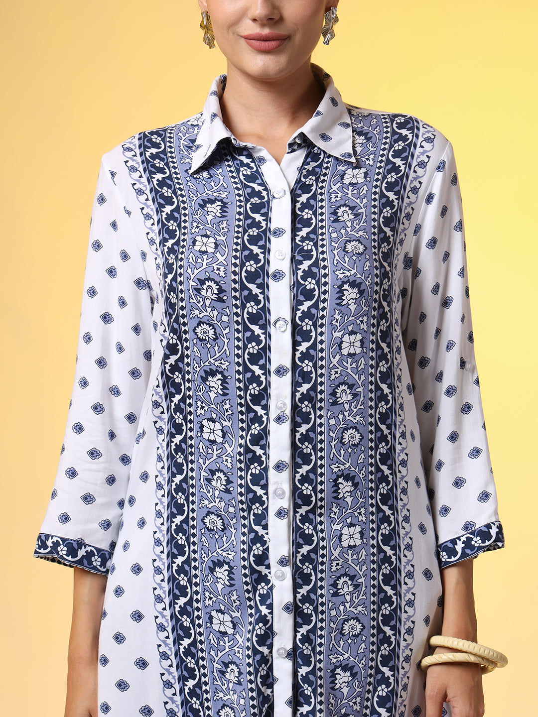 Women's White Printed Blue Motif Shirt
