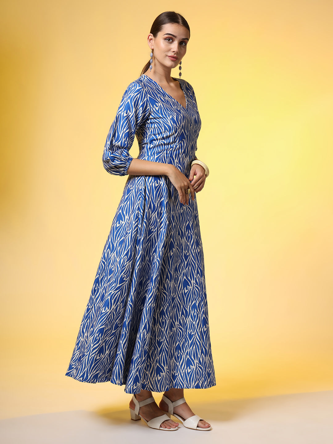 Women's Blue Full Length White Motif Dress