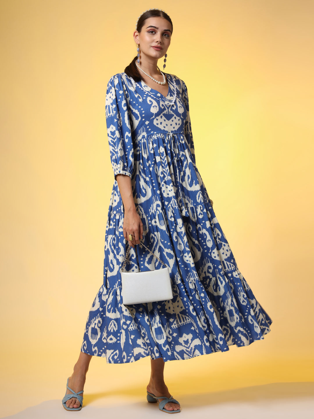 Women's Western Blue Color Dresss Printed Cotton Fabric