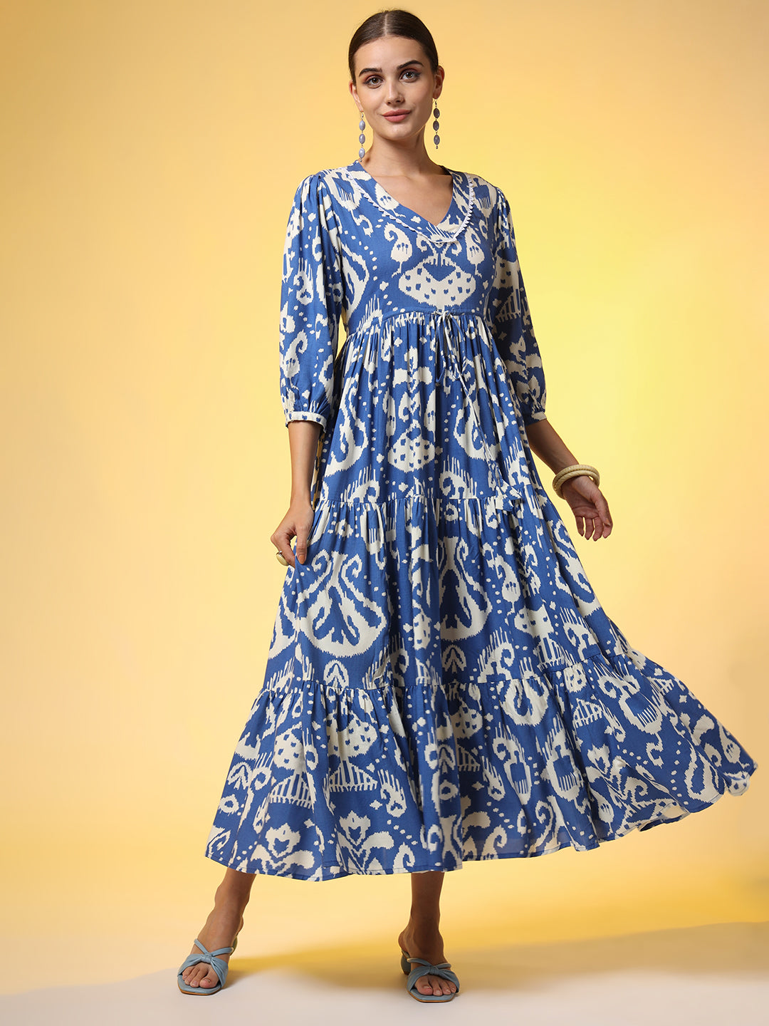 Women's Western Blue Color Dresss Printed Cotton Fabric