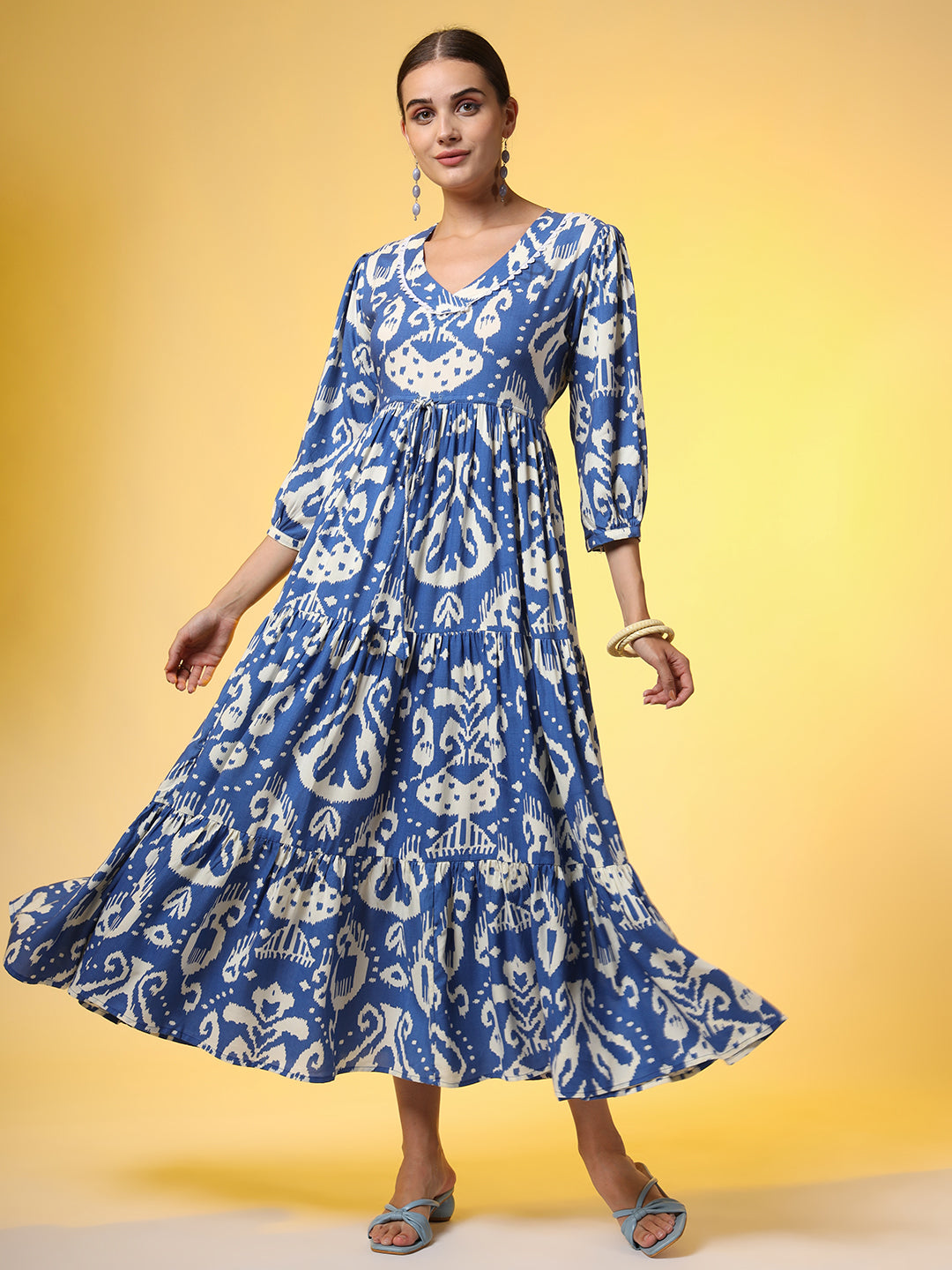Women's Western Blue Color Dresss Printed Cotton Fabric