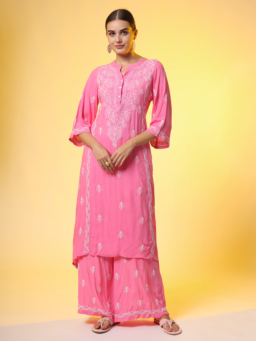 Women's Hand Embroidery Pink Color Chikankari Co-Ord Set