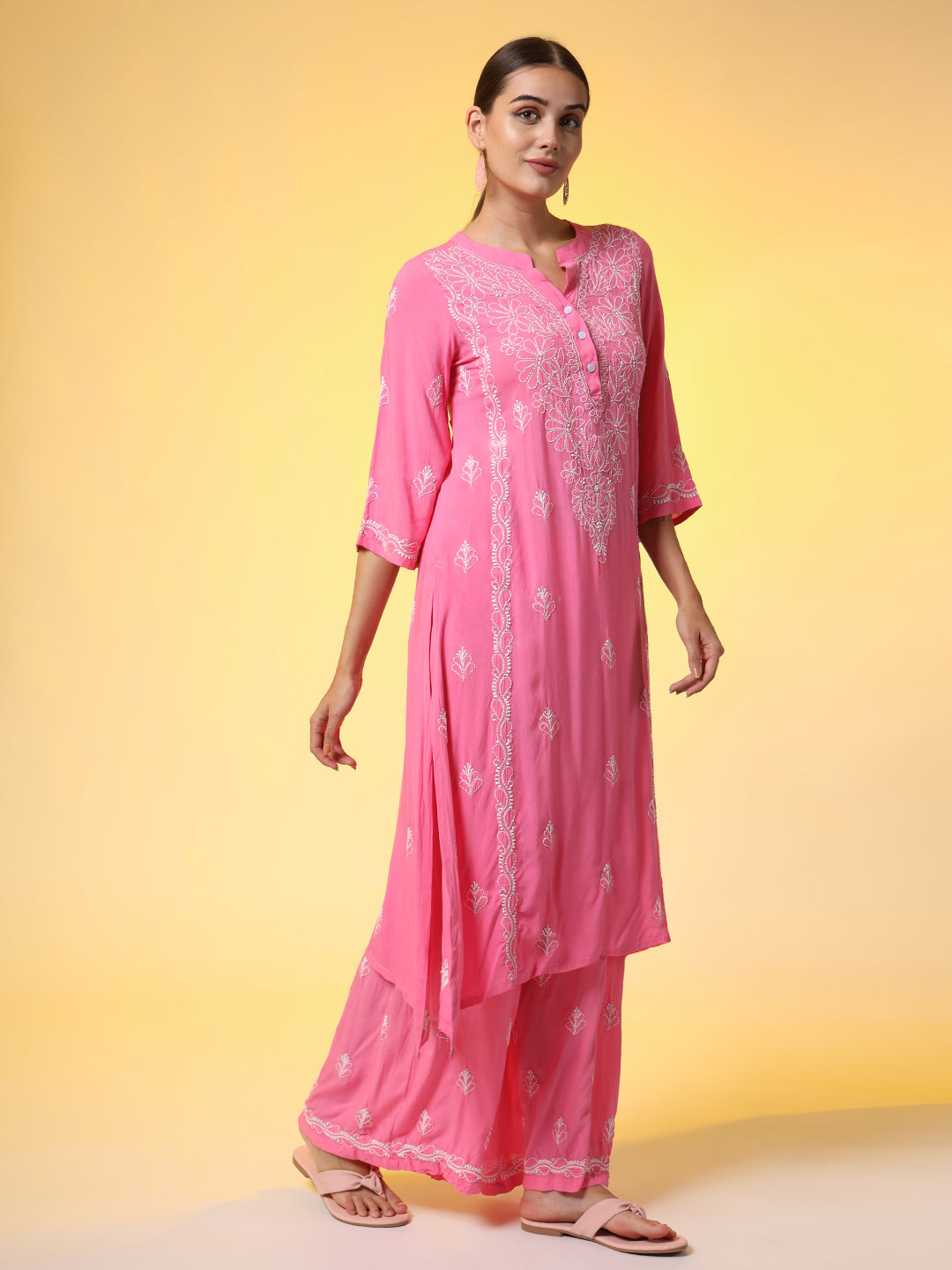 Women's Hand Embroidery Pink Color Chikankari Co-Ord Set