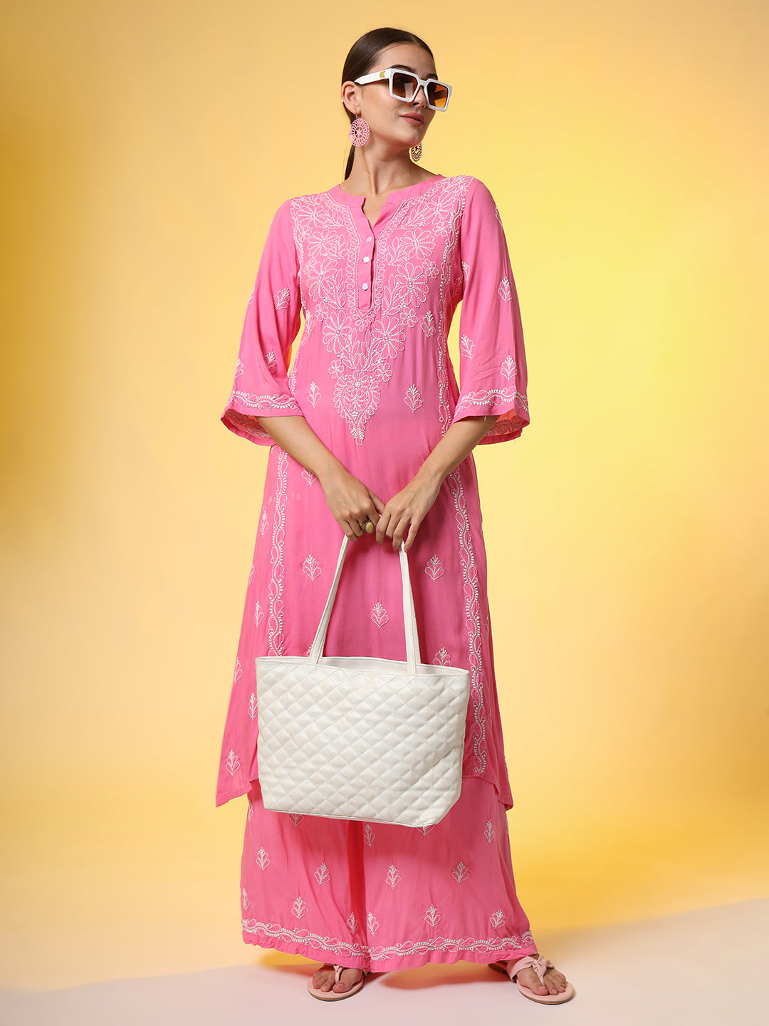 Women's Hand Embroidery Pink Color Chikankari Co-Ord Set