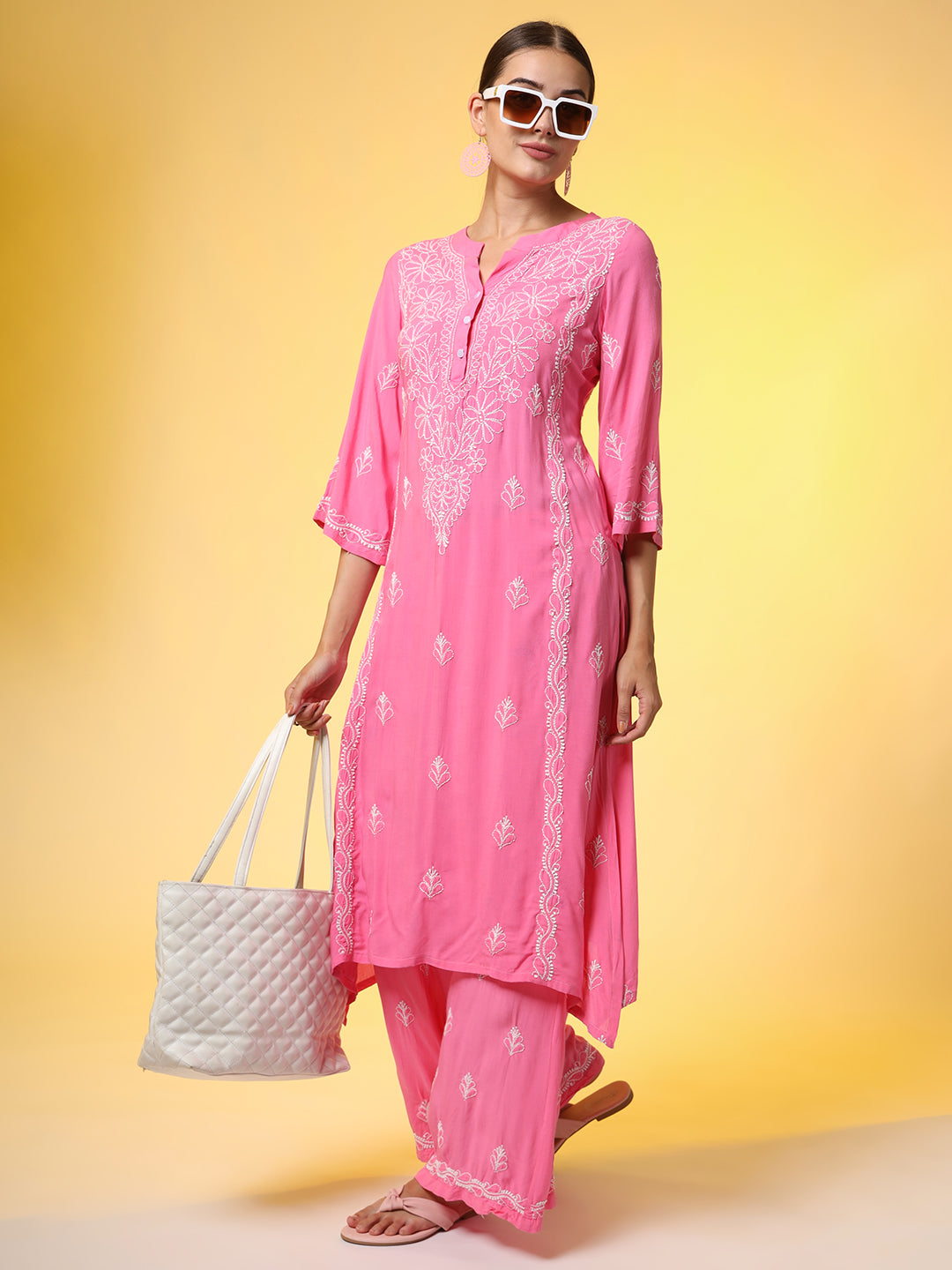 Women's Hand Embroidery Pink Color Chikankari Co-Ord Set