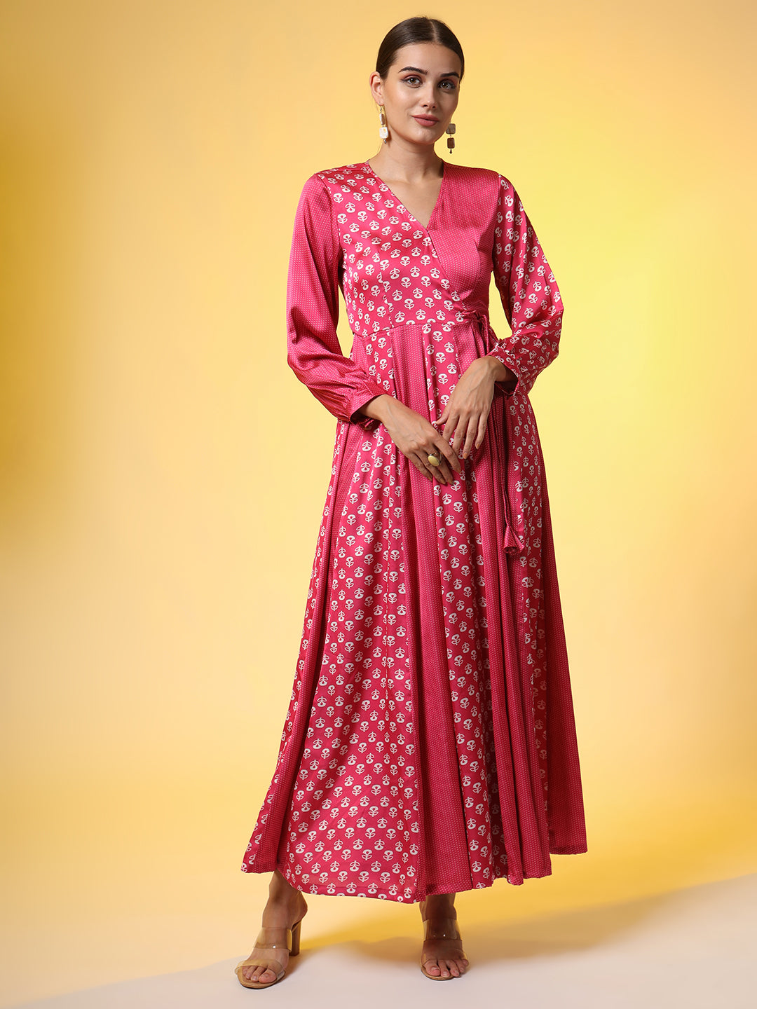 Women's Full Length Pink Dual Style Motif Western Dress
