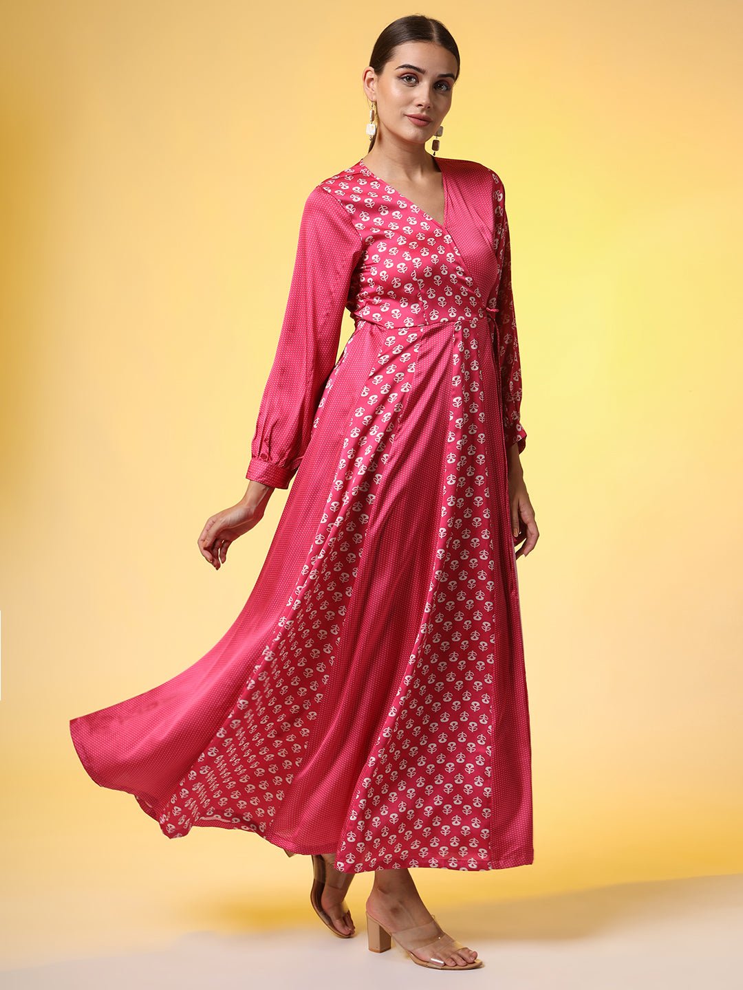 Women's Full Length Pink Dual Style Motif Western Dress