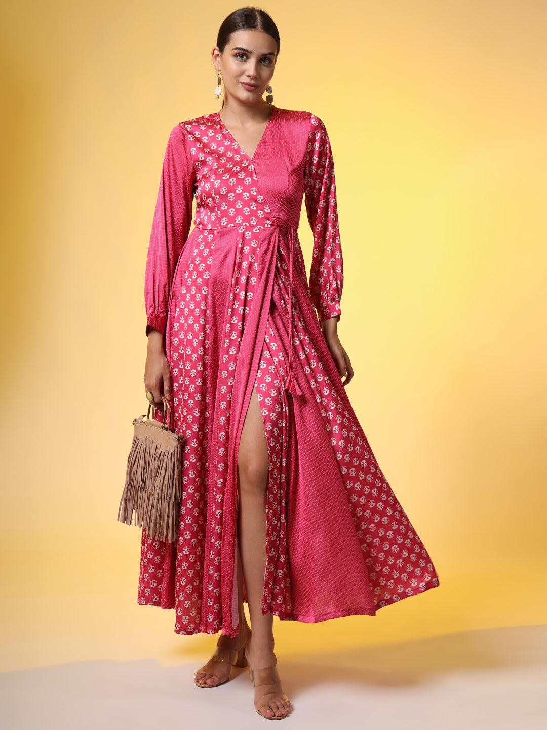 Women's Full Length Pink Dual Style Motif Western Dress