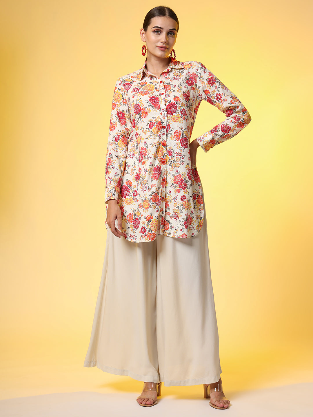Women's Printed Cream Shirt With Flower Motif