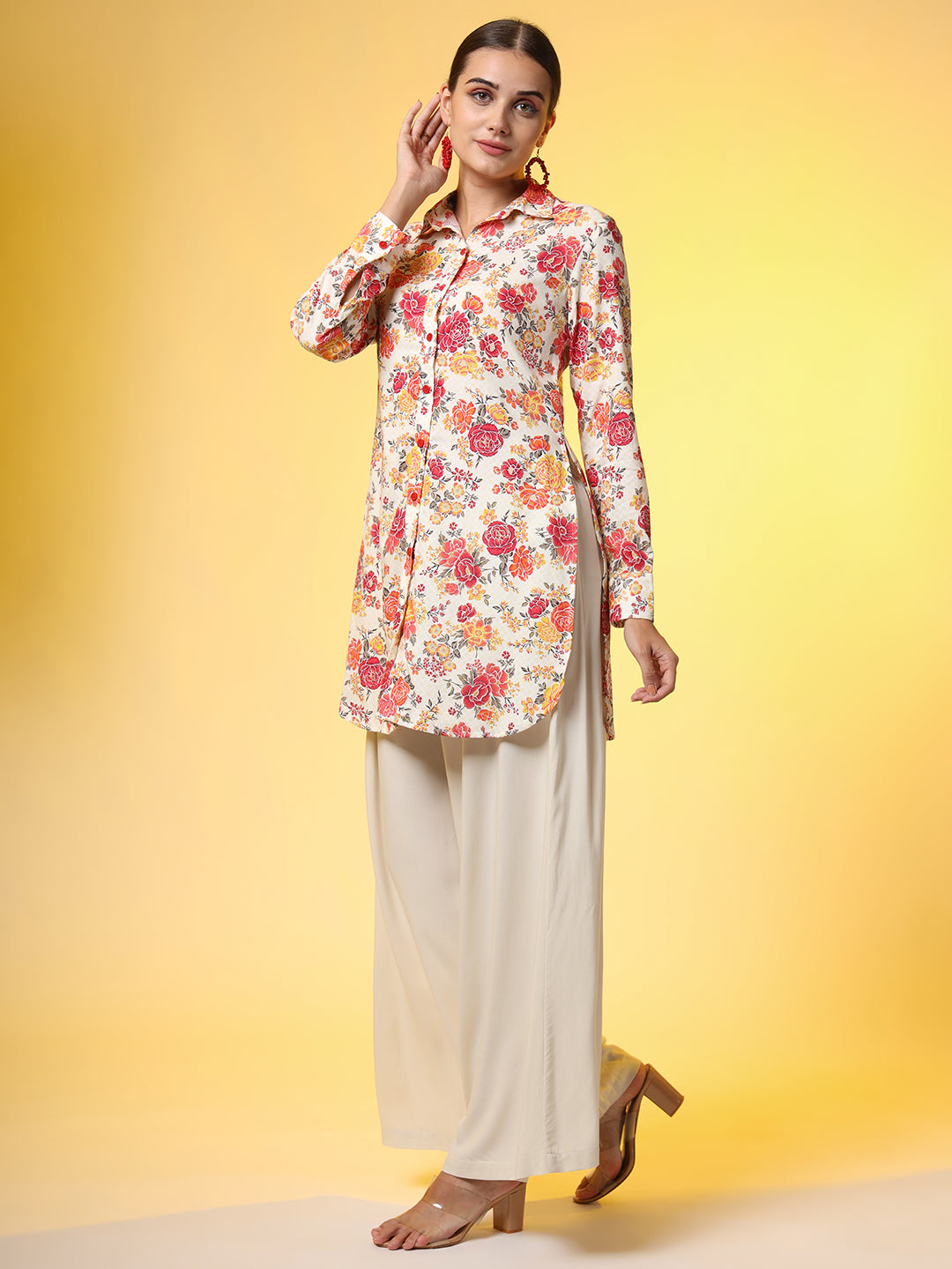 Women's Printed Cream Shirt With Flower Motif